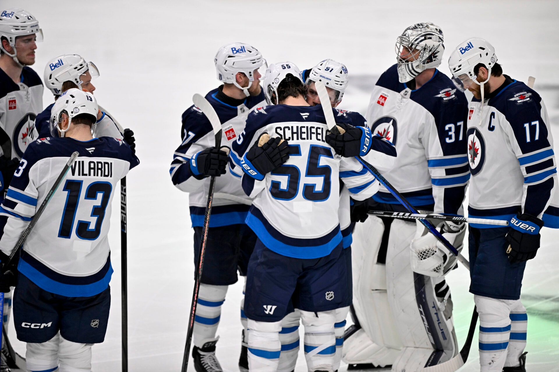 The Winnipeg Jets console center Mark Scheifele (55) as Scheifele leaves the penalty box after the loss to the Dallas Stars during the overtime period in game six of the second round of the 2025 Stanley Cup Playoffs at American Airlines Center.