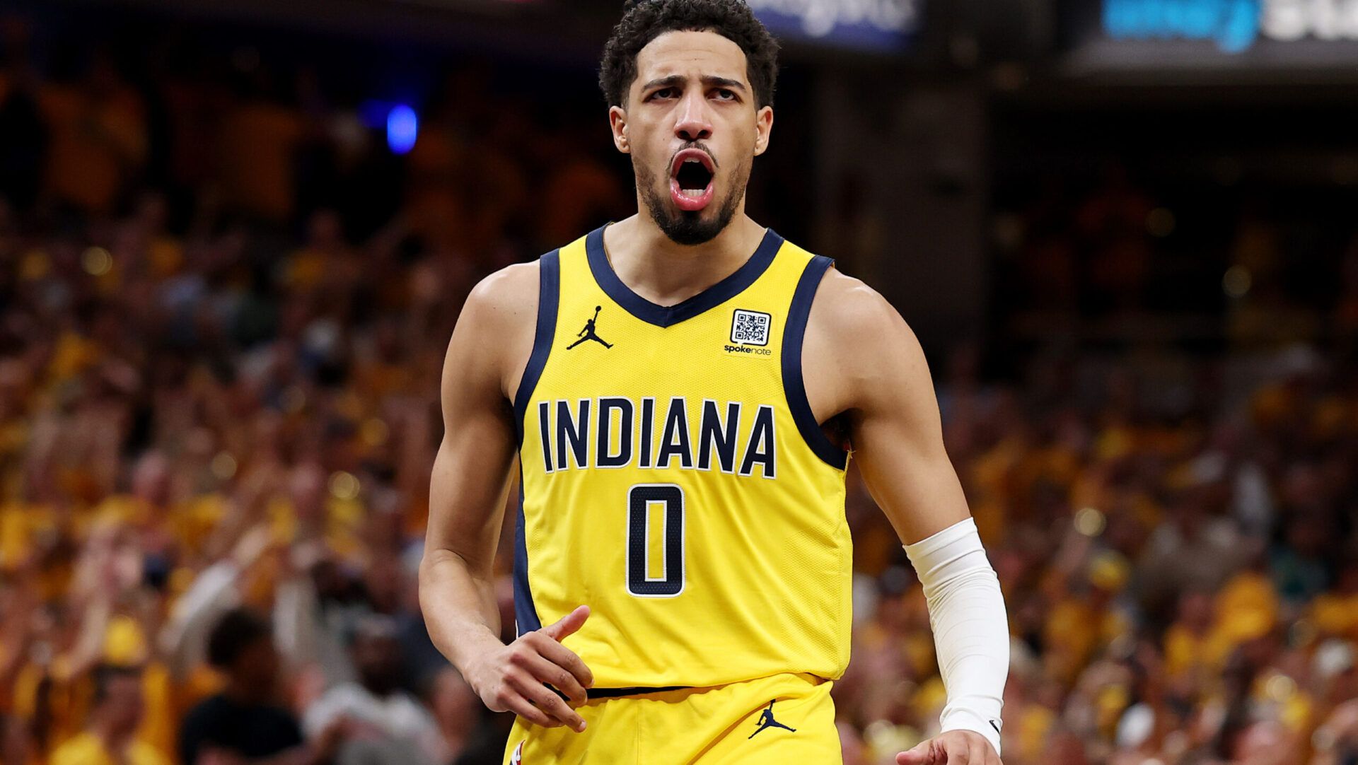 INDIANAPOLIS, INDIANA - JUNE 11: Tyrese Haliburton #0 of the Indiana Pacers reacts during the fourth quarter against the Oklahoma City Thunder in Game Three of the 2025 NBA Finals at Gainbridge Fieldhouse on June 11, 2025 in Indianapolis, Indiana. NOTE TO USER: User expressly acknowledges and agrees that, by downloading and or using this photograph, User is consenting to the terms and conditions of the Getty Images License Agreement. (Photo by Maddie Meyer/Getty Images)