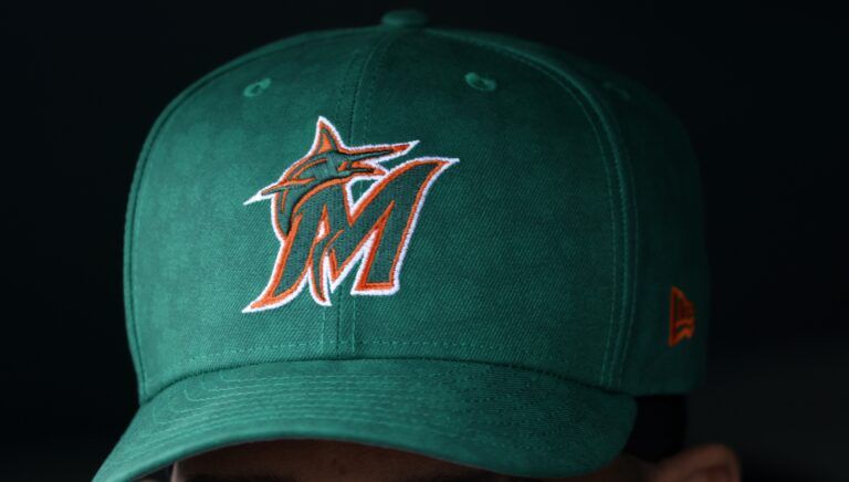 A general view of the cap worn by the Miami Marlins for St. Patrick's Day against the New York Mets before the game at Roger Dean Chevrolet Stadium.