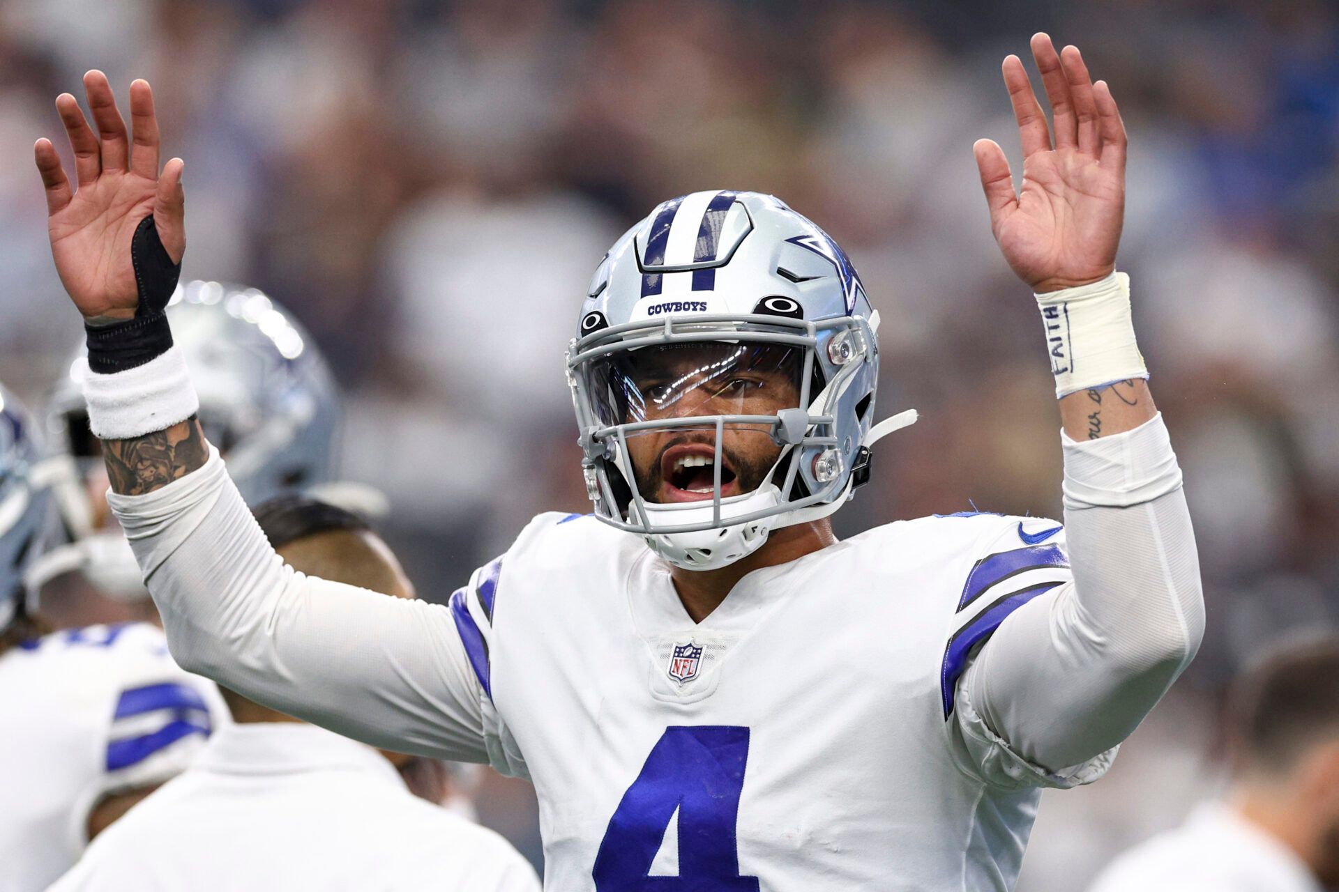 ARLINGTON, TEXAS - OCTOBER 23: Dak Prescott #4 of the Dallas Cowboys reacts after a time out on fourth down against the Detroit Lions during the second quarter at AT&T Stadium on October 23, 2022 in Arlington, Texas. (Photo by Tom Pennington/Getty Images)