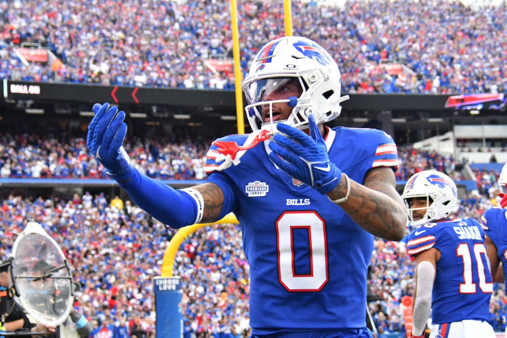 Buffalo Bills wide receiver Keon Coleman (0) reacts after a play against the Arizona Cardinals in the third quarter at Highmark Stadium.
