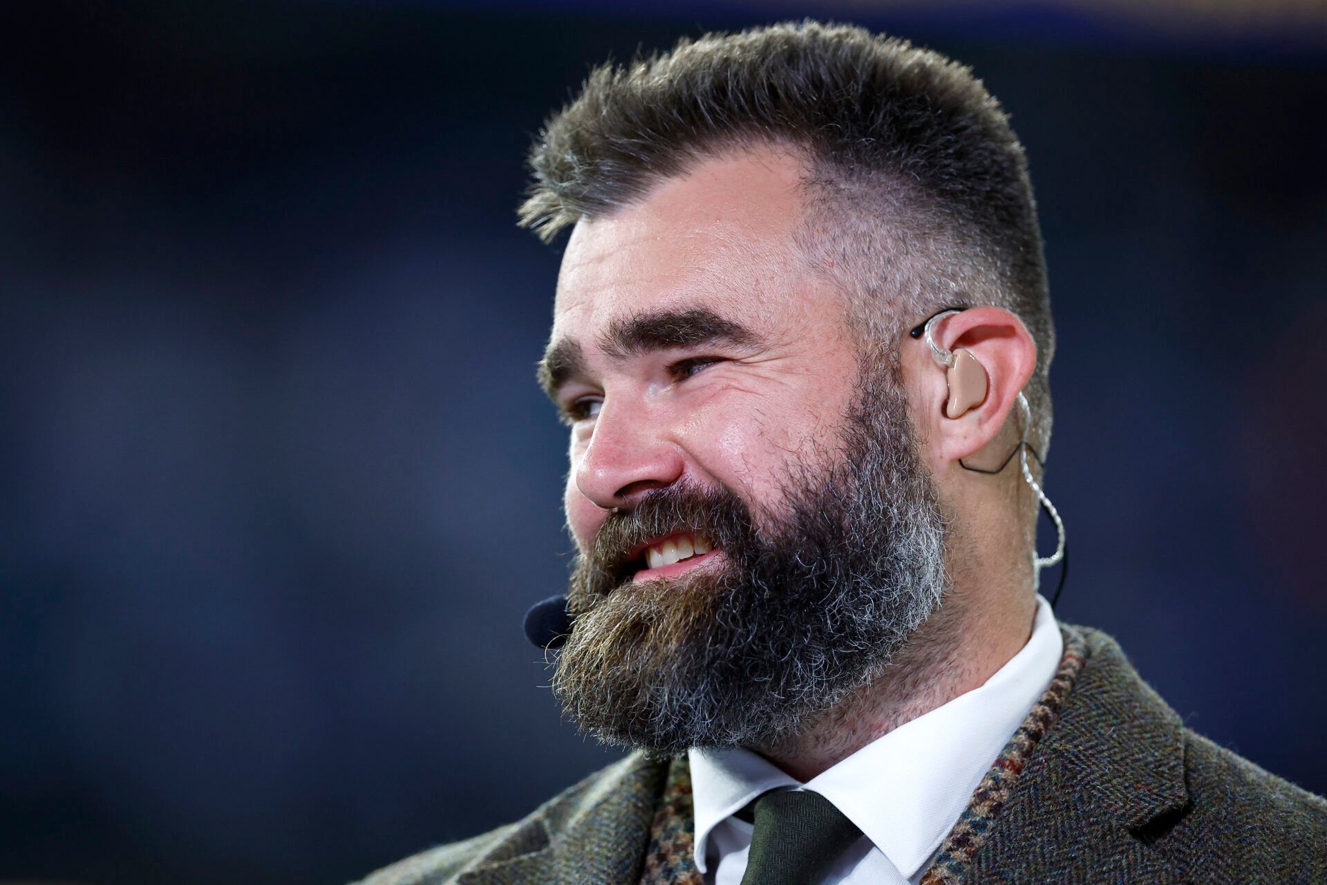 INGLEWOOD, CALIFORNIA - NOVEMBER 11: Former football player and ESPN broadcaster Jason Kelce looks on prior to the game between the Miami Dolphins and the Los Angeles Rams at SoFi Stadium on November 11, 2024 in Inglewood, California. (Photo by Ronald Martinez/Getty Images)