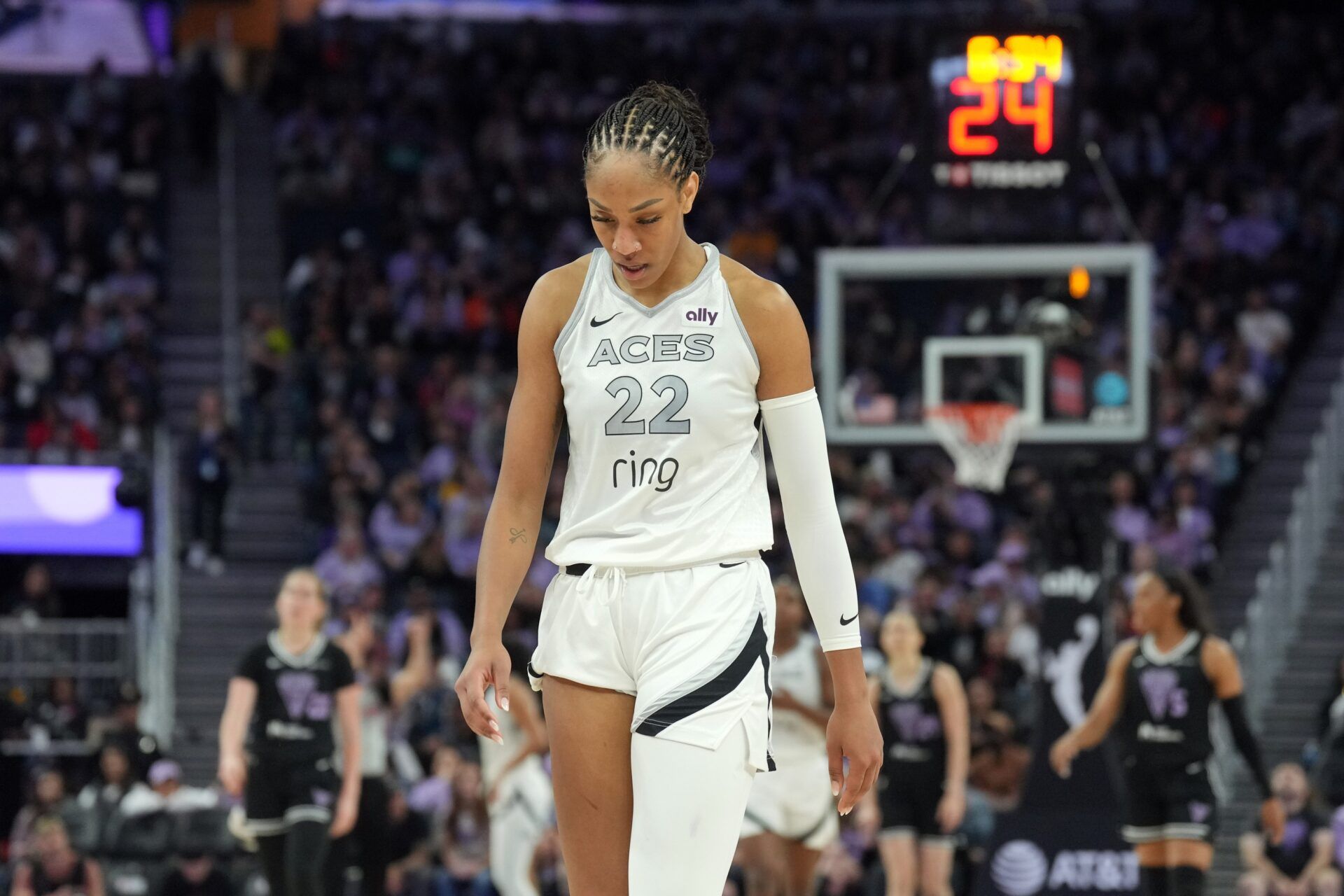 Las Vegas Aces center A'ja Wilson (22) walks on the court during the fourth quarter against the Golden State Valkyries at Chase Center.