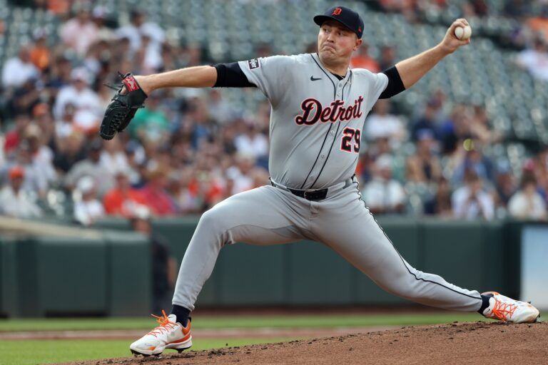 Detroit Tigers pitcher Tarik Skubal (29) throws during the first inning against the Baltimore Orioles at Oriole Park at Camden Yards.