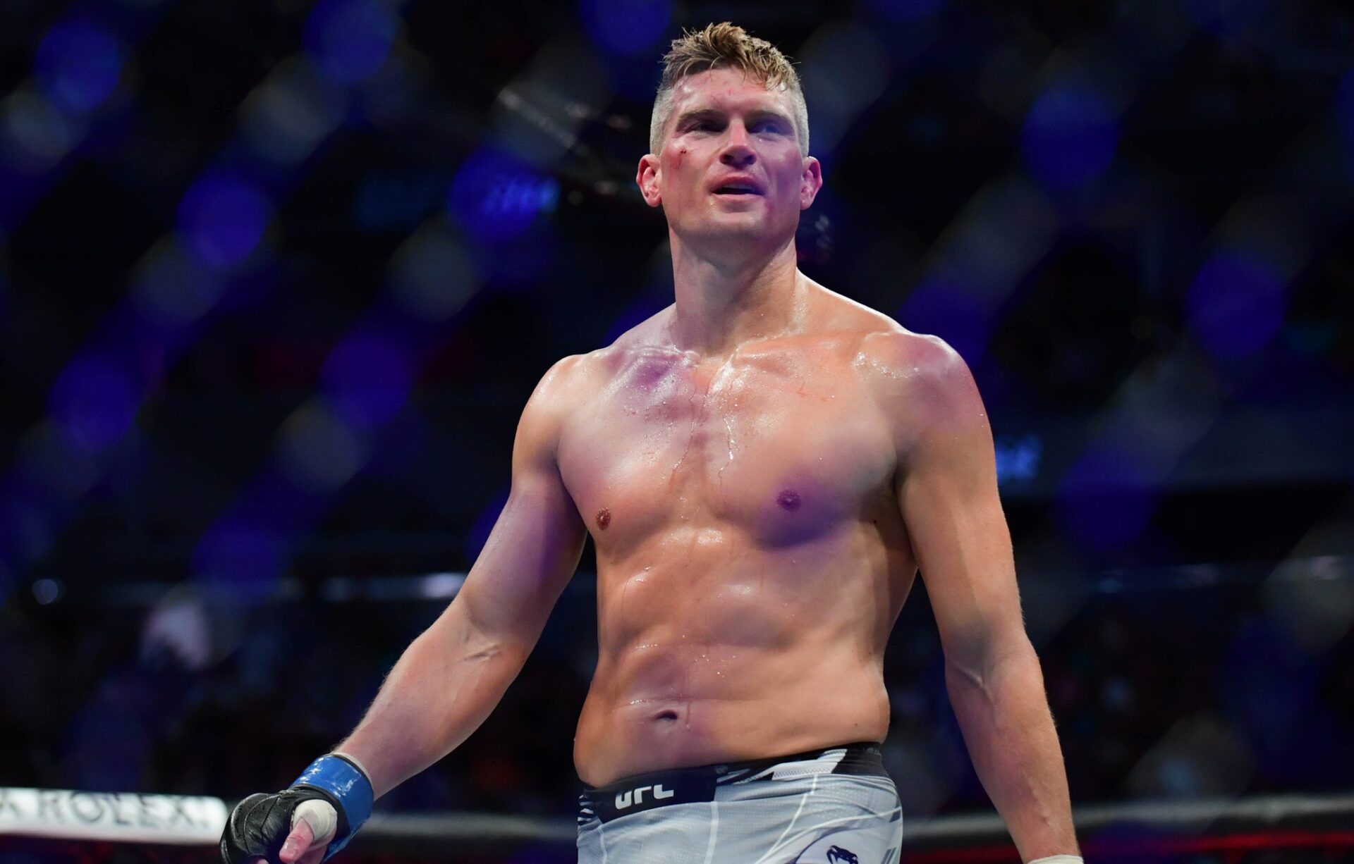 Stephen Thompson reacts following his match against Gilbert Burns during UFC 264 at T-Mobile Arena.
