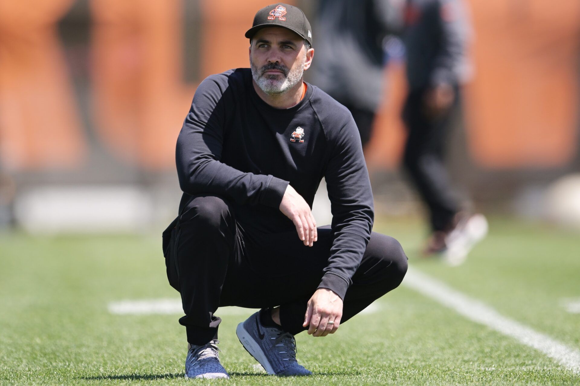Cleveland Browns head coach Kevin Stefanski watches during rookie minicamp at CrossCountry Mortgage Campus.