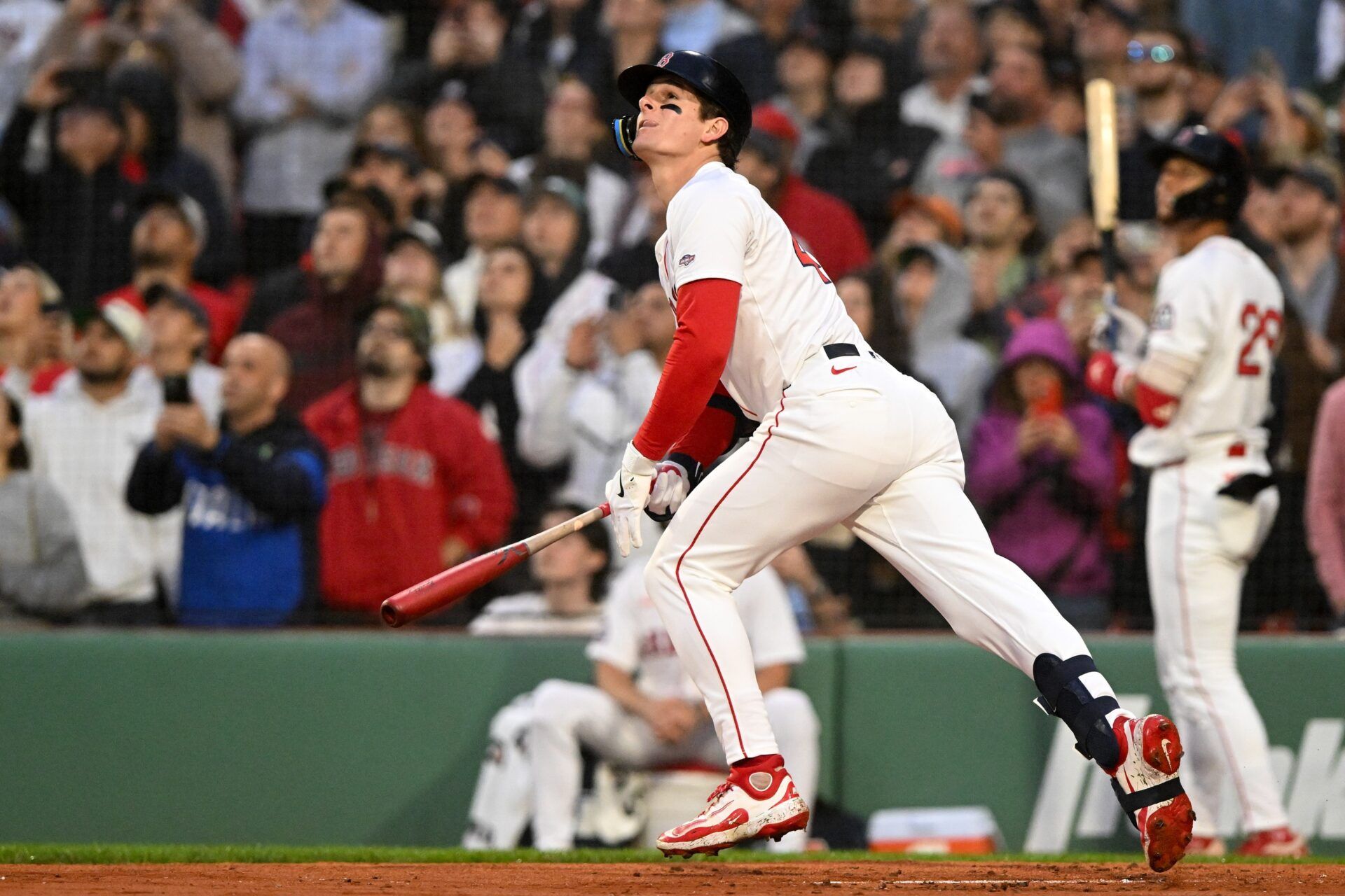 Boston Red Sox right fielder Roman Anthony (48) hits a fly out to left field during the second inning of a game against the Tampa Bay Rays at Fenway Park.