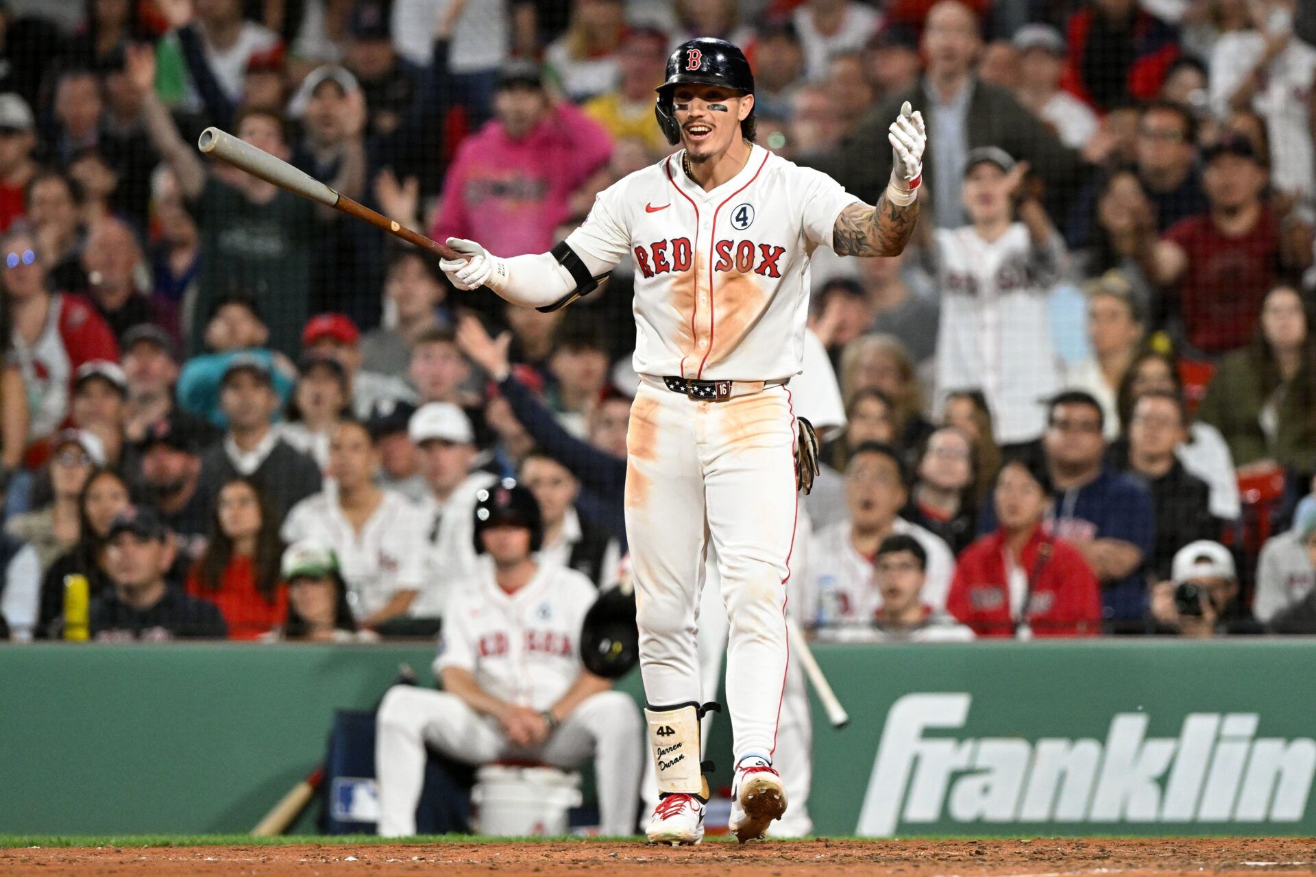 Boston Red Sox outfielder Jarren Duran (16) reacts after striking out against the Los Angeles Angels during the eighth inning at Fenway Park.