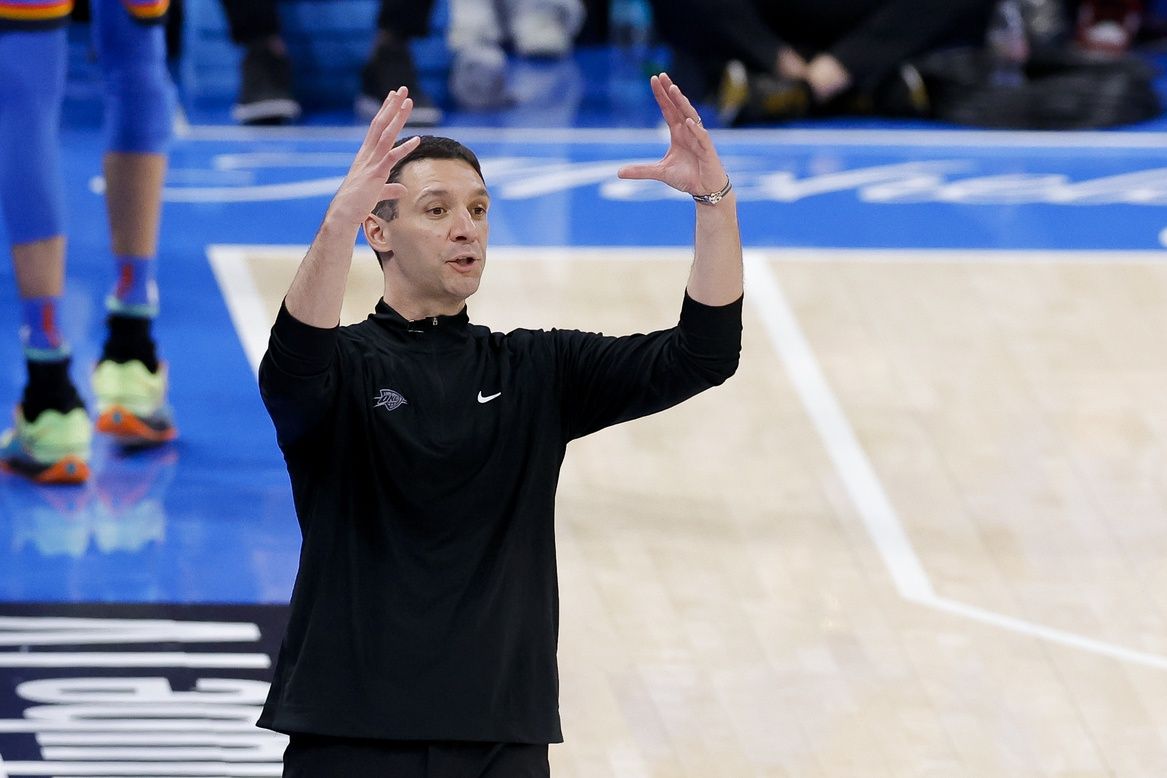 Oklahoma City Thunder head coach Mark Daigneault motions to his team during the fourth quarter against the Indiana Pacers in game two of the 2025 NBA Finals at Paycom Center.