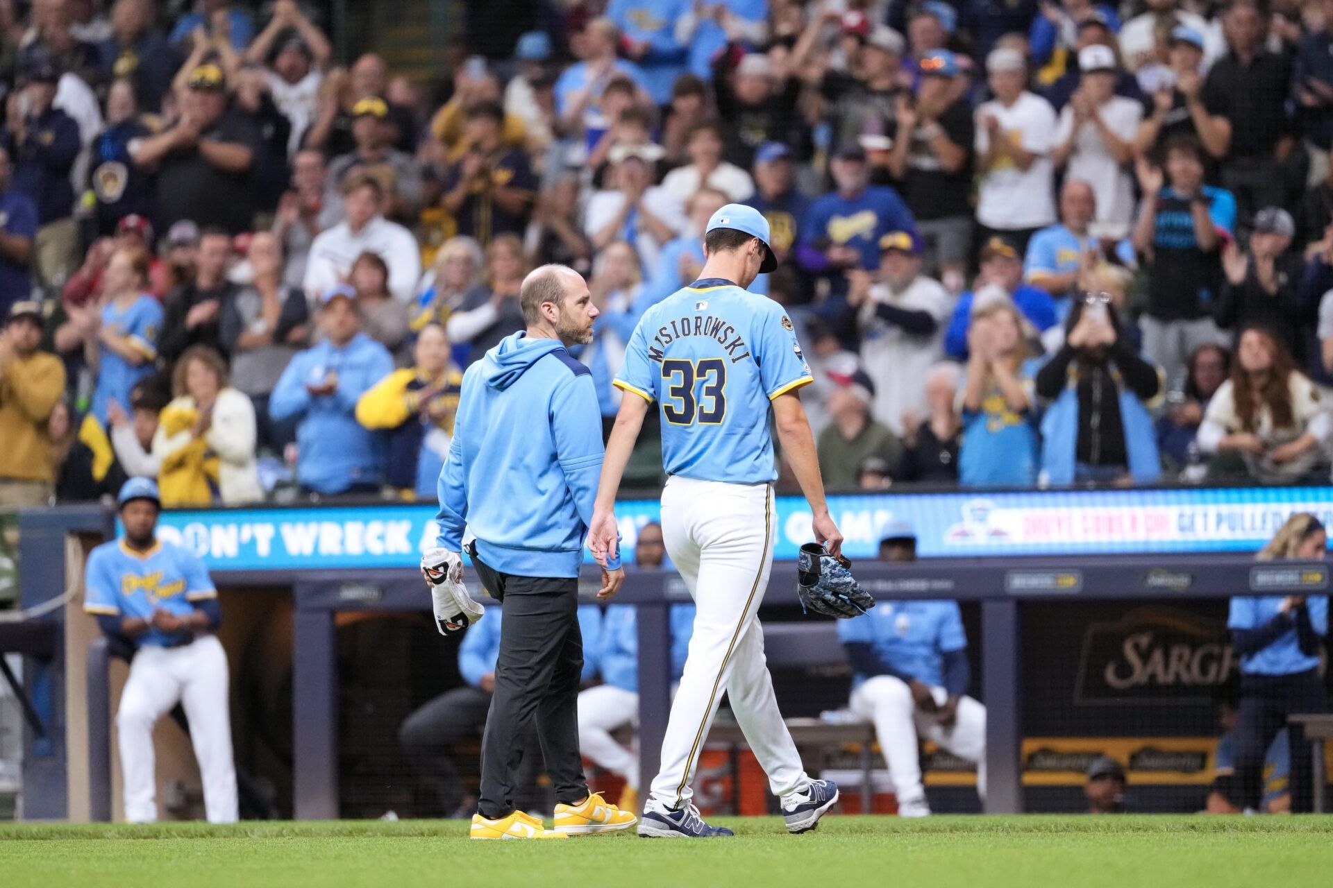 Milwaukee Brewers pitcher Jacob Misiorowski (33) walks off the field after being removed from the game during the sixth inning against the St. Louis Cardinals at American Family Field.
