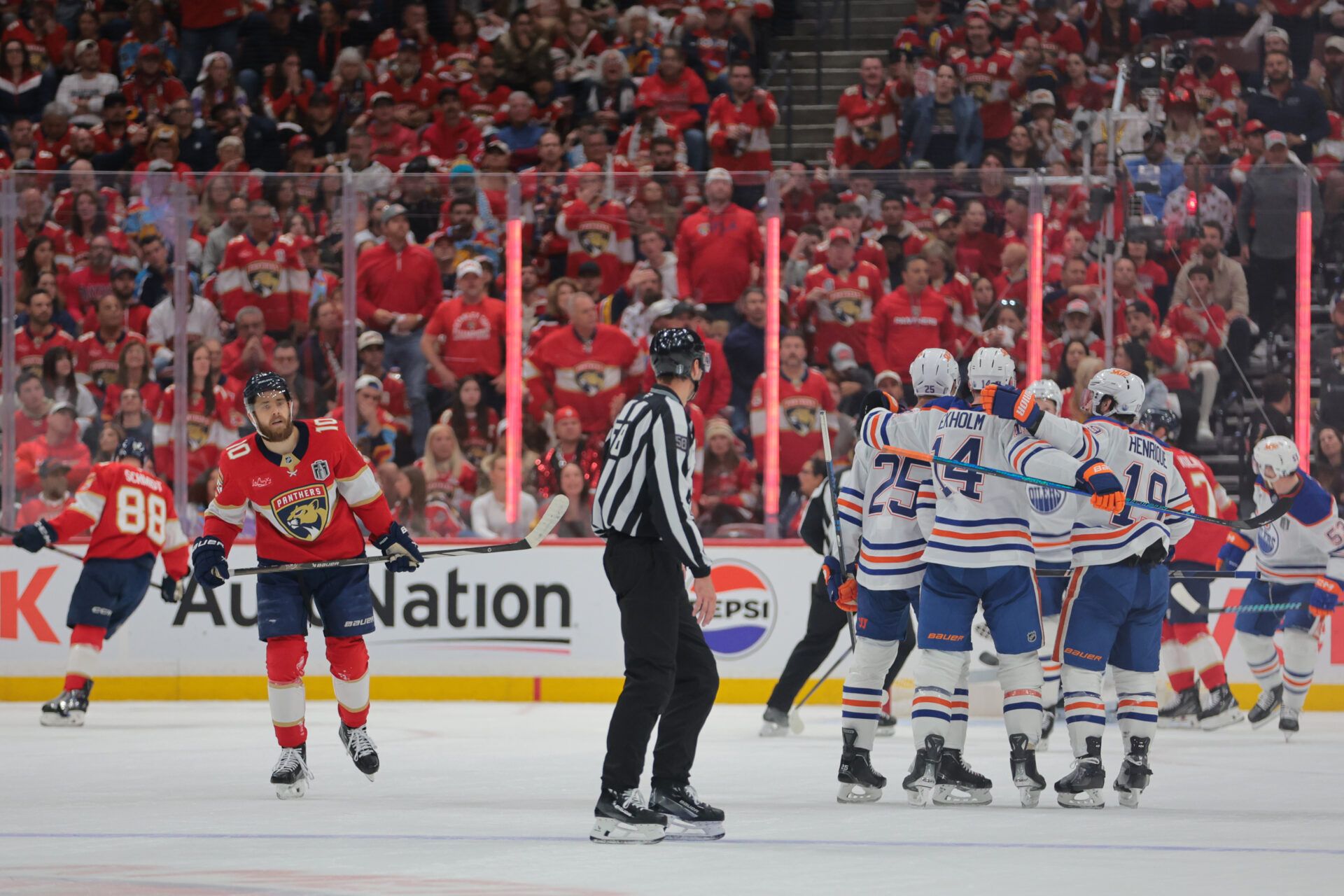 Edmonton Oilers defenseman Darnell Nurse (25) celebrates scoring with teammates during the second period against the Florida Panthers in game four of the 2025 Stanley Cup Final at Amerant Bank Arena.