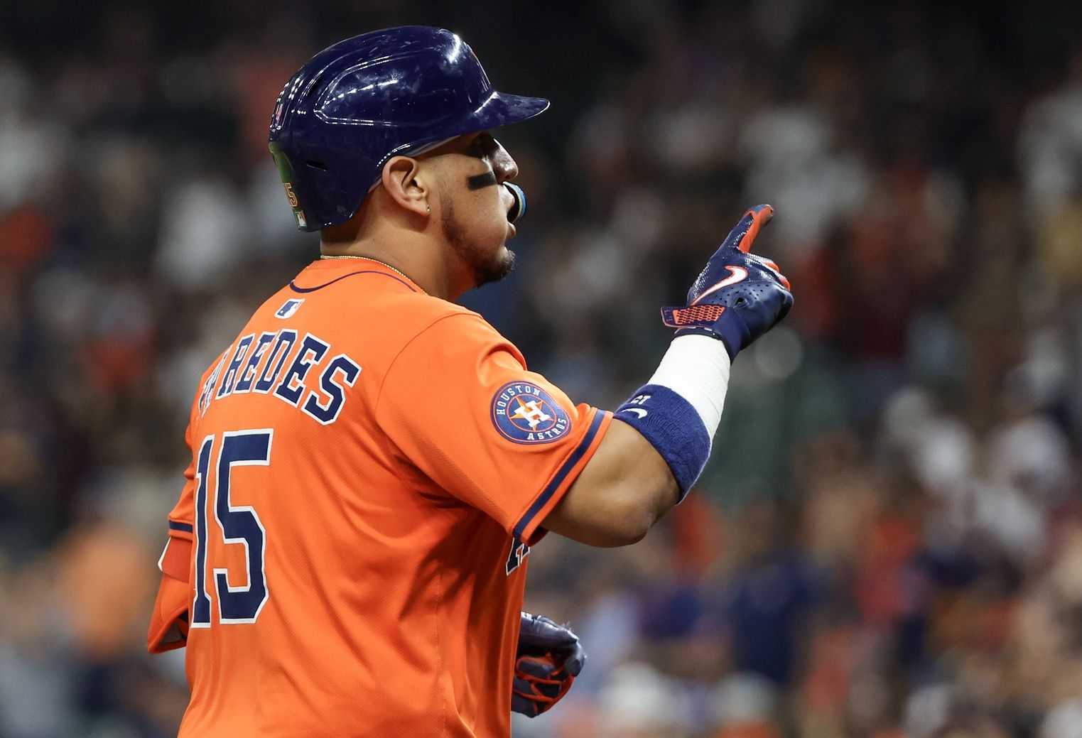 Houston Astros third baseman Isaac Paredes (15) reacts after a home run against the Chicago White Sox in the fifth inning at Daikin Park.