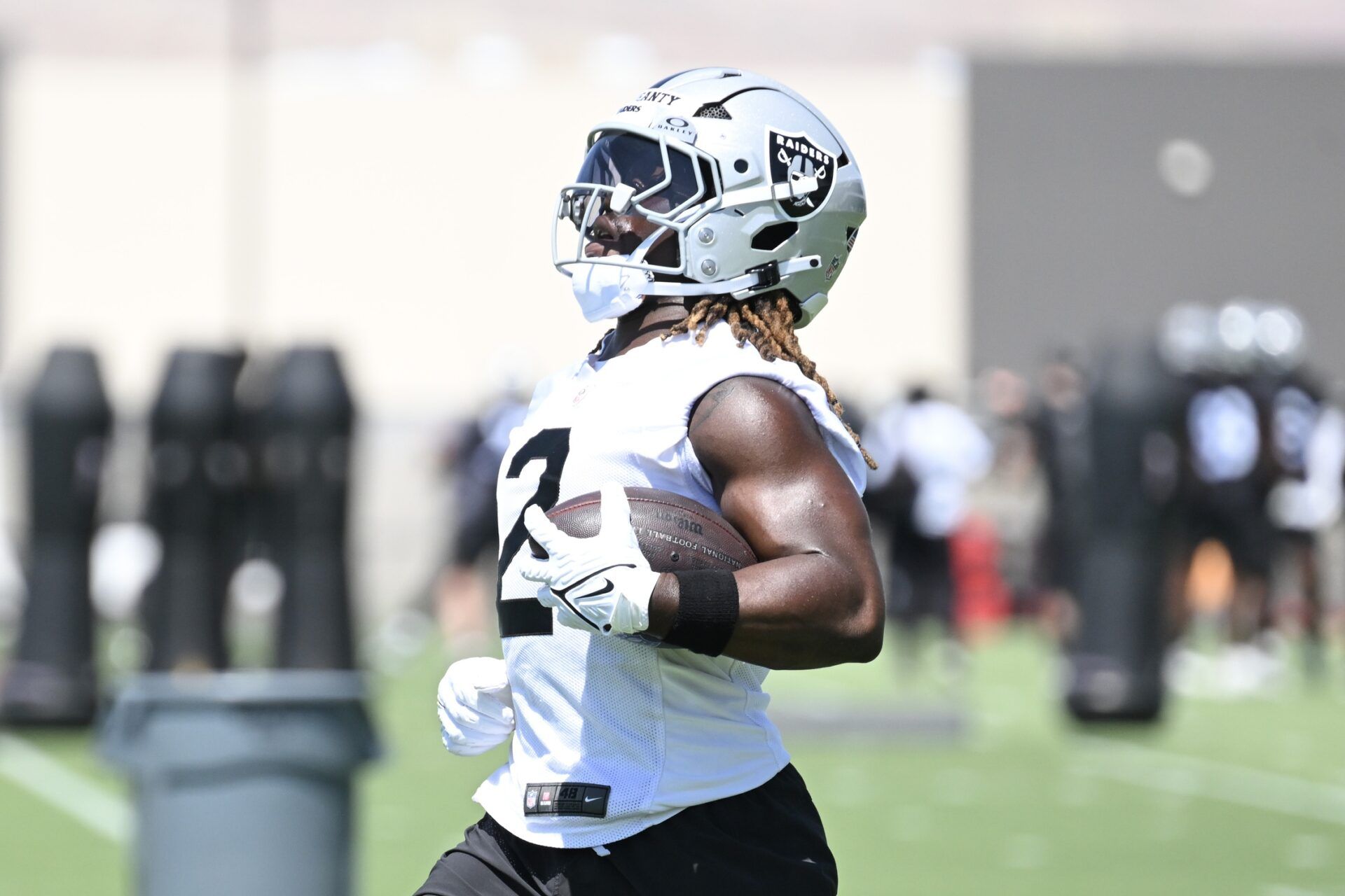 Las Vegas Raiders running back Ashton Jeanty (2) runs through a drill during Las Vegas Raiders Minicamp at Intermountain Health Performance Center.