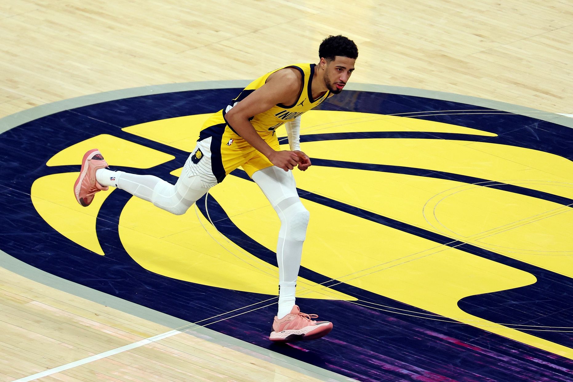 Indiana Pacers guard Tyrese Haliburton (0) celebrates after a play during the fourth quarter against the Oklahoma City Thunder in game three of the 2025 NBA Finals at Gainbridge Fieldhouse.
