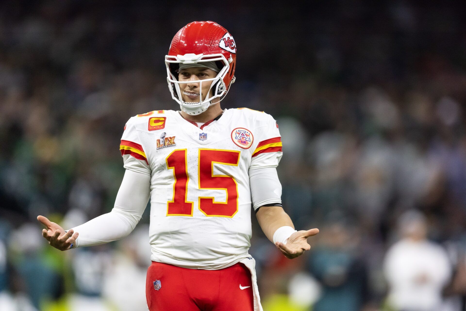 Kansas City Chiefs quarterback Patrick Mahomes (15) reacts against the Philadelphia Eagles in Super Bowl LIX at Ceasars Superdome.