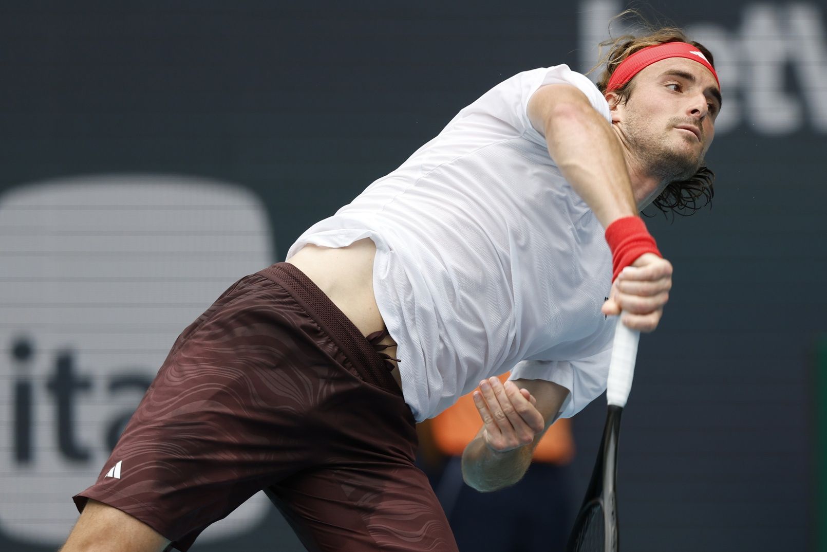 Stefanos Tsitsipas (GRE) serves against Sebastian Korda (USA)(not pictured) on day six of the Miami Open at Hard Rock Stadium.