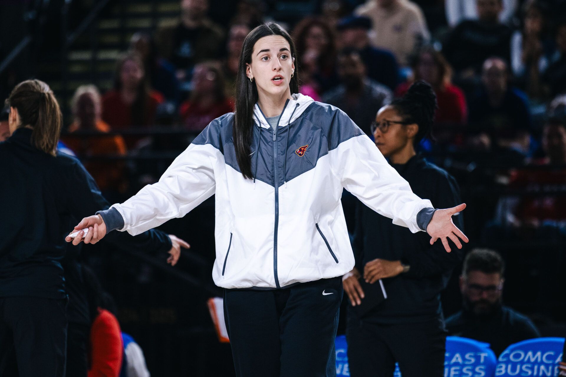 Indiana Fever guard Caitlin Clark reacts during a timeout in the second half against the Washington Mystics at Entertainment & Sports Arena.