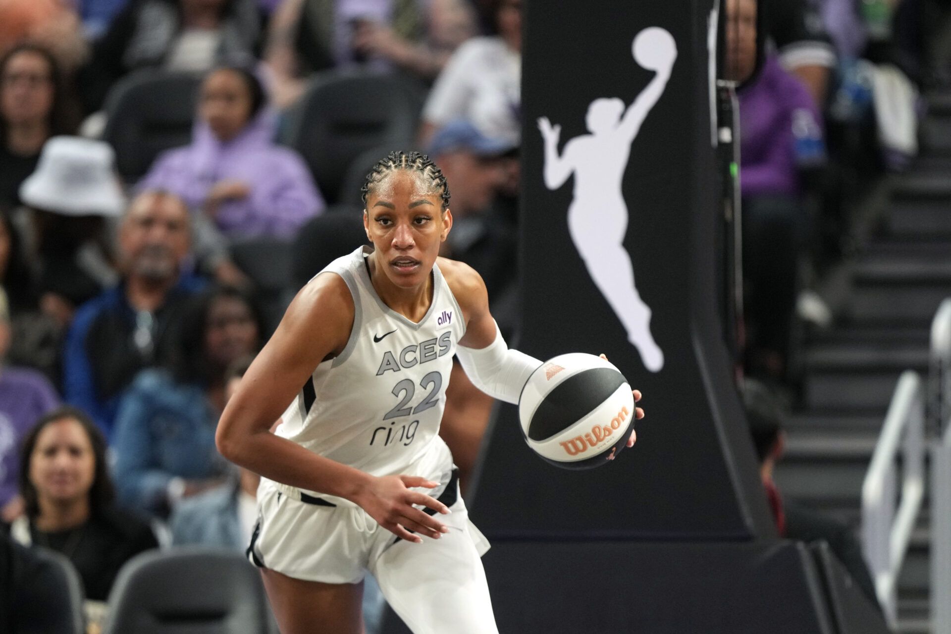 Las Vegas Aces center A'ja Wilson (22) dribbles against the Golden State Valkyries during the third quarter at Chase Center.