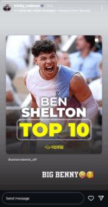 Trinity Rodman's Instagram story celebrating Ben Shelton's ATP Top 10 breakthrough.