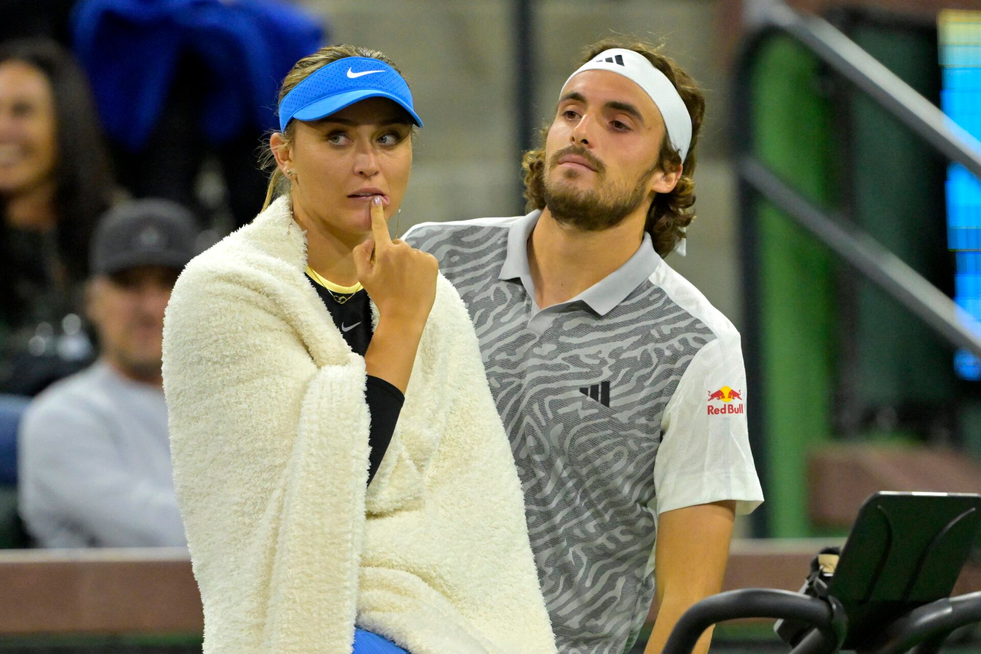Paula Badosa and Stefanos Tsitsipas watch the action in the Eisenhower Cup Tie Break Tens event featuring mixed doubles during the BNP Paribas Open at the Indian Wells Tennis Garden.