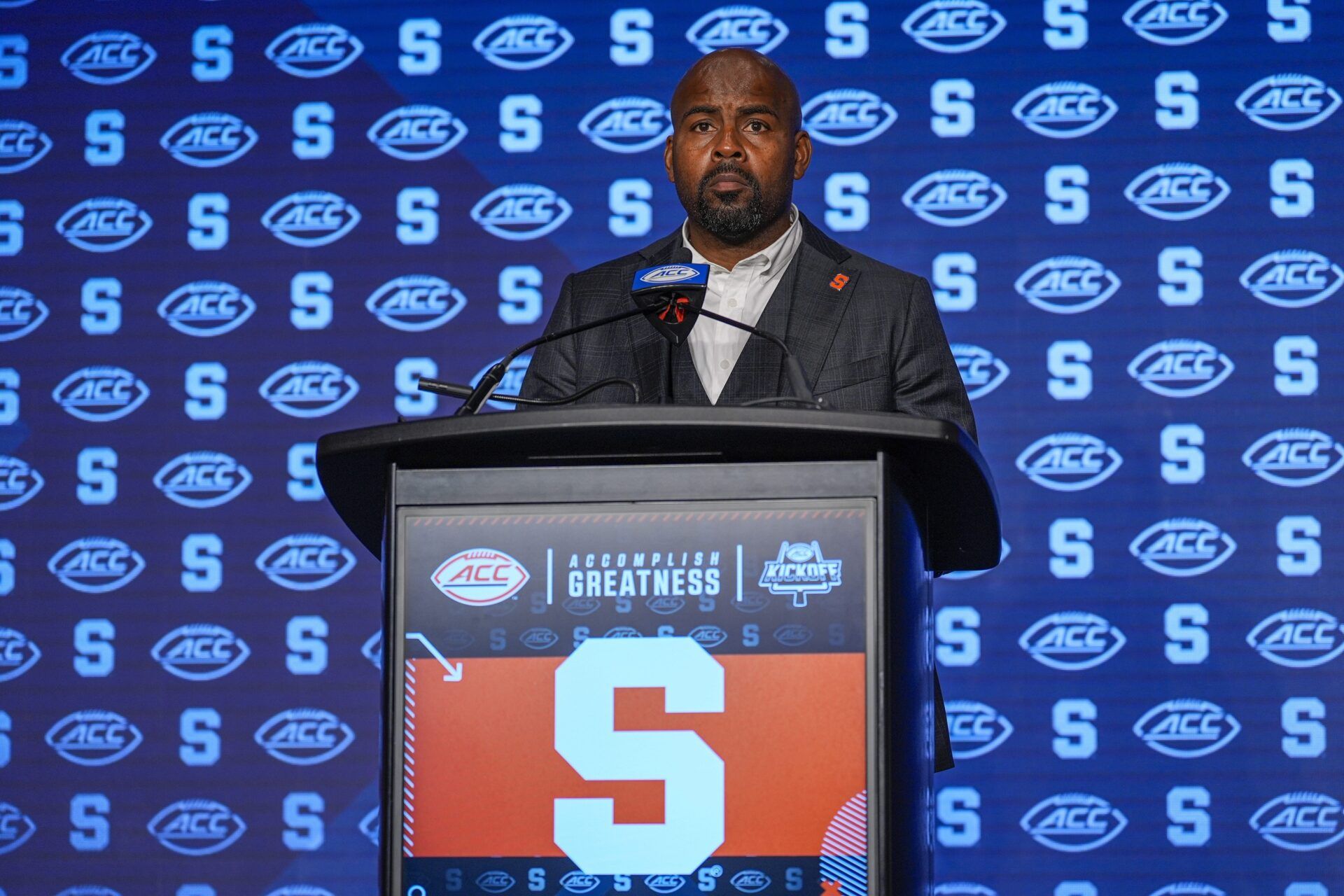 Syracuse Orange head coach Fran Brown speaks to the media during the ACC Kickoff at Hilton Charlotte Uptown.