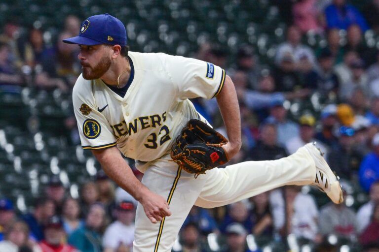 Milwaukee Brewers starting pitcher Aaron Civale (32) throws a pitch in the first inning against the Atlanta Braves at American Family Field.