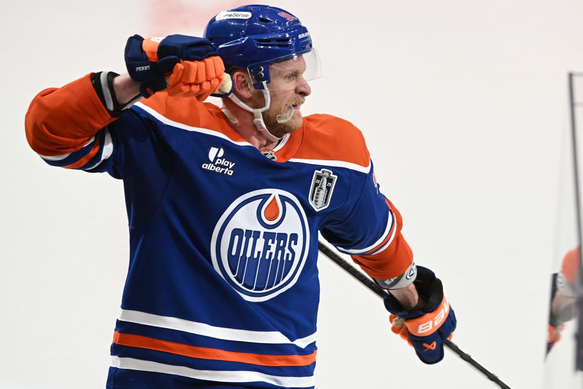 Edmonton Oilers right wing Corey Perry (90) reacts after scoring a goal against the Florida Panthers during the third period in game two of the 2025 Stanley Cup Final at Rogers Place.