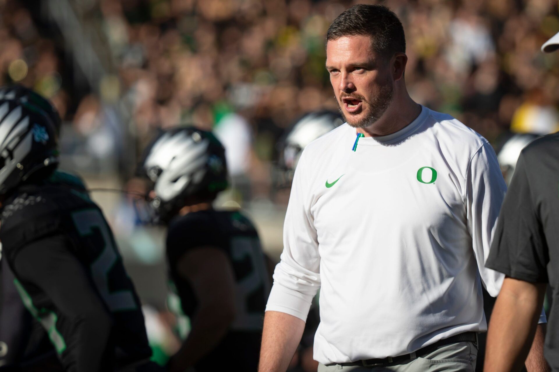 Oregon Ducks head coach Dan Lanning walks the field during warmups as the No. 3 Oregon Ducks host the No. 2 Ohio State Buckeyes Saturday, Oct. 12, 2024 at Autzen Stadium in Eugene, Ore.