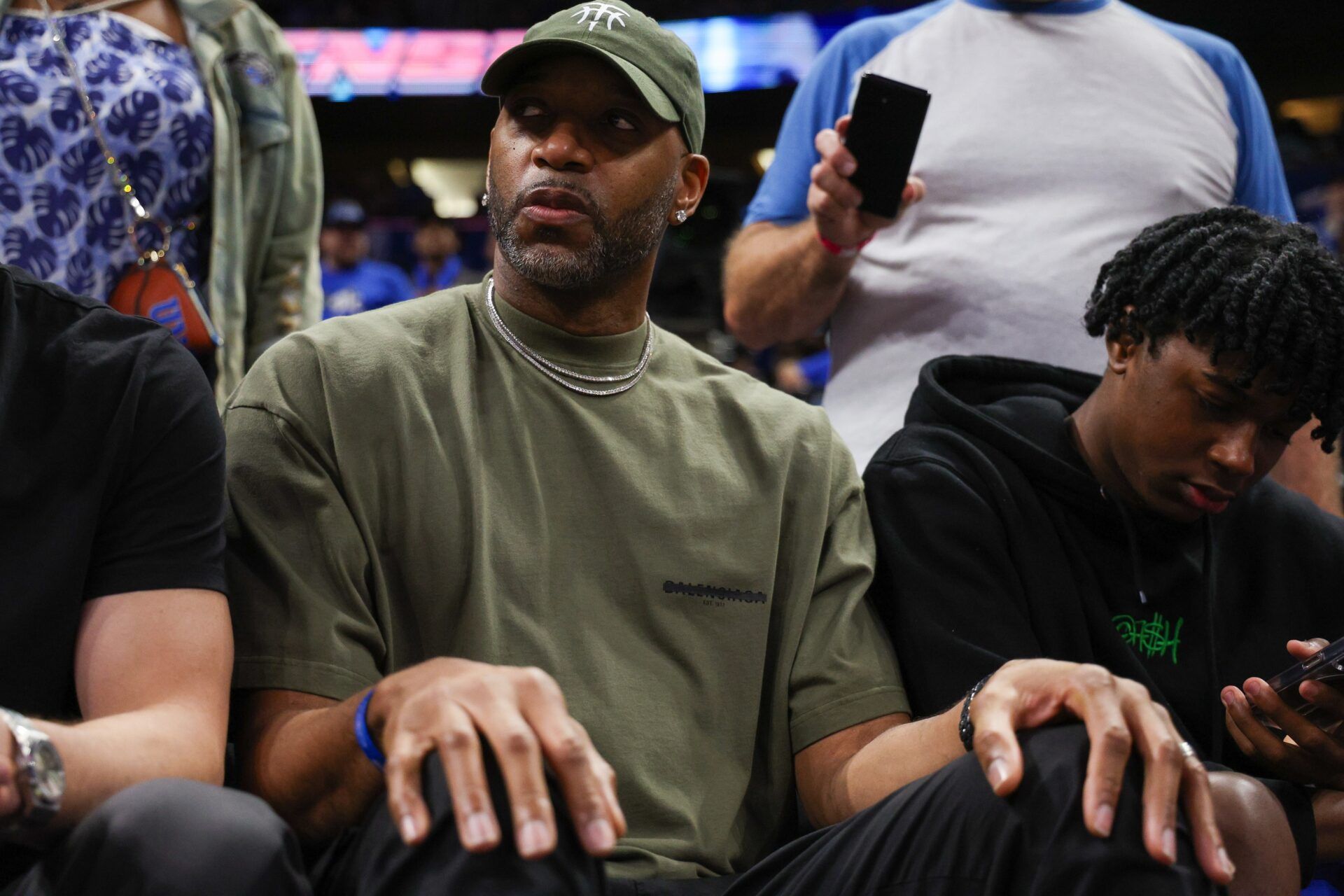 Orlando Magic former guard Tracy McGrady looks on from the sidelines during a game against the Cleveland Cavaliers in the fourth quarter during game four of the first round for the 2024 NBA playoffs at Kia Center.