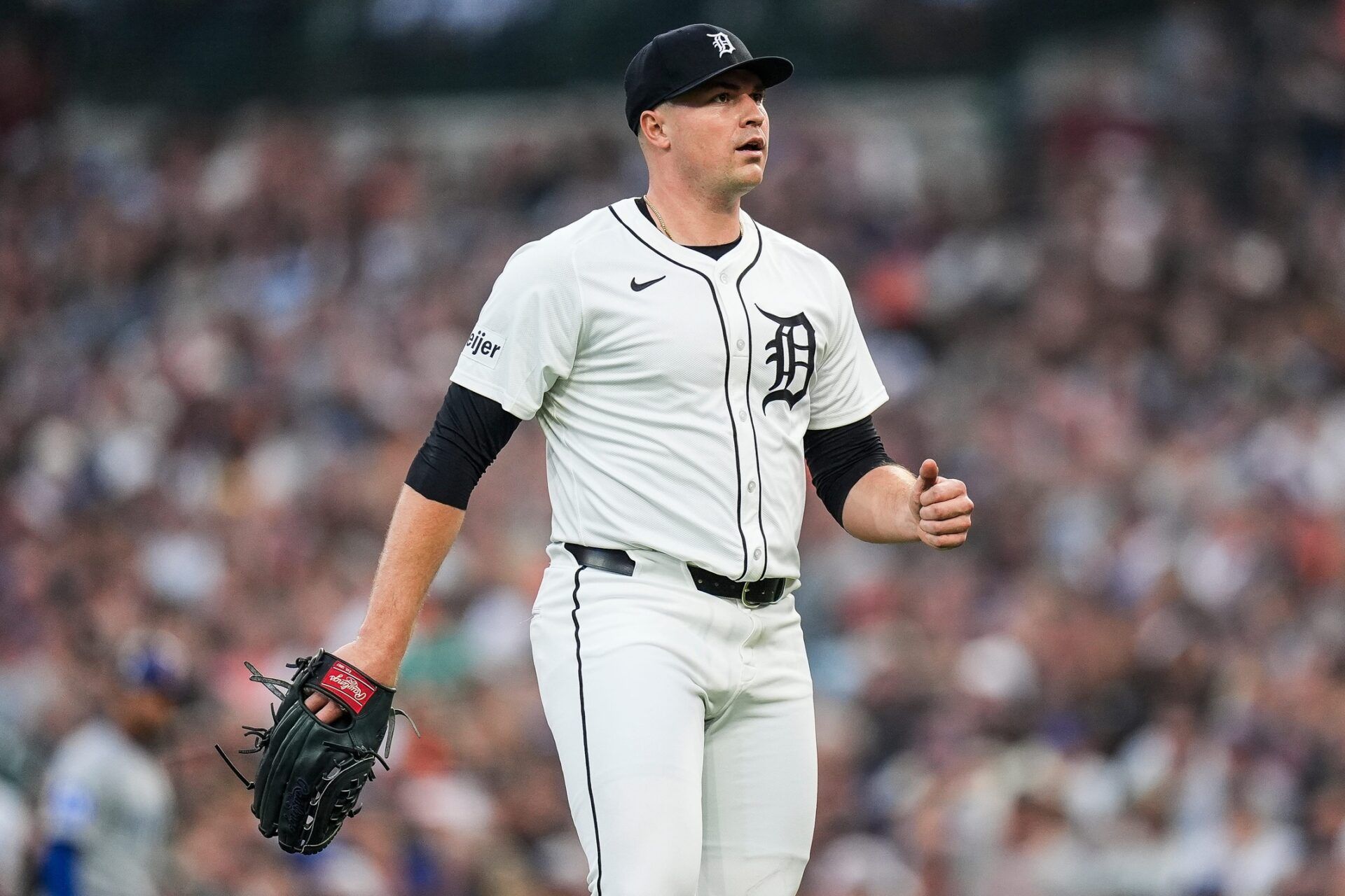 Detroit Tigers pitcher Tarik Skubal (29) reacts after finish pitching sixth inning against Chicago Cubs at Comerica Park in Detroit on Friday, June 6, 2025.