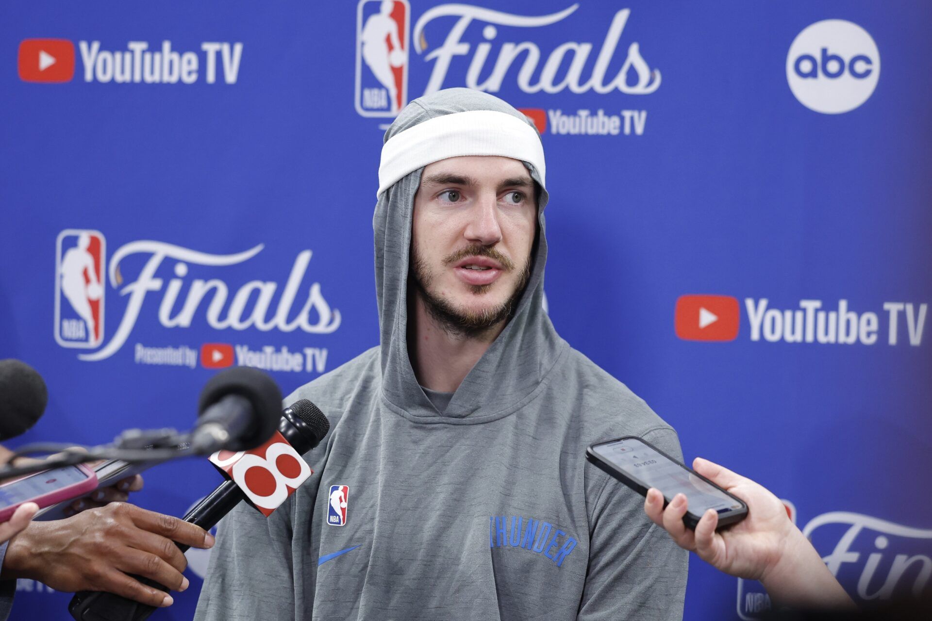Oklahoma City Thunder guard Alex Caruso (9) during NBA Finals Media Day at Paycom Center.