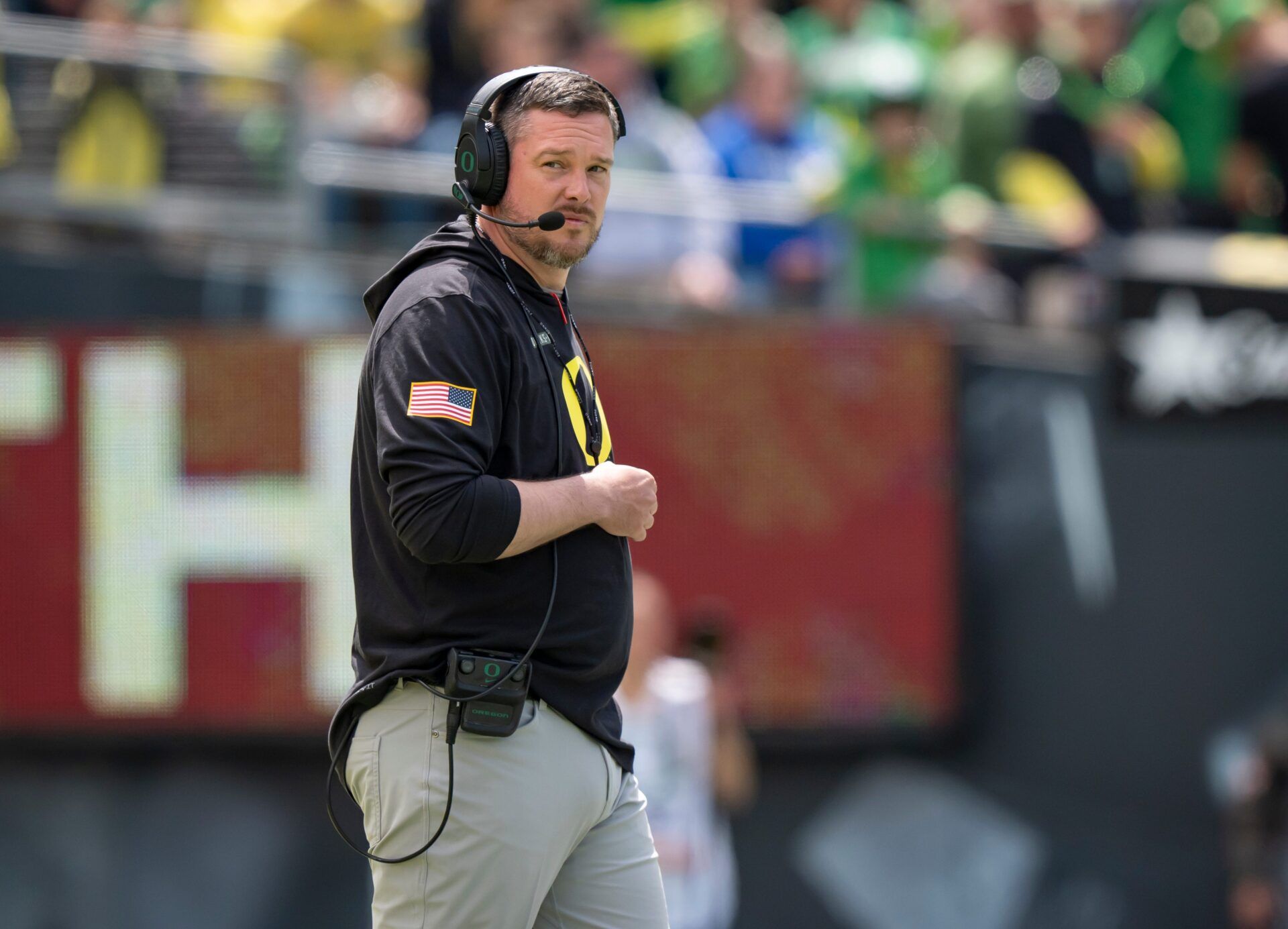 Oregon coach Dan Lanning oversees his team as the Fighting Ducks face off against Mighty Oregon in the Oregon Ducks spring game on April 26, 2025, at Autzen Stadium in Eugene.