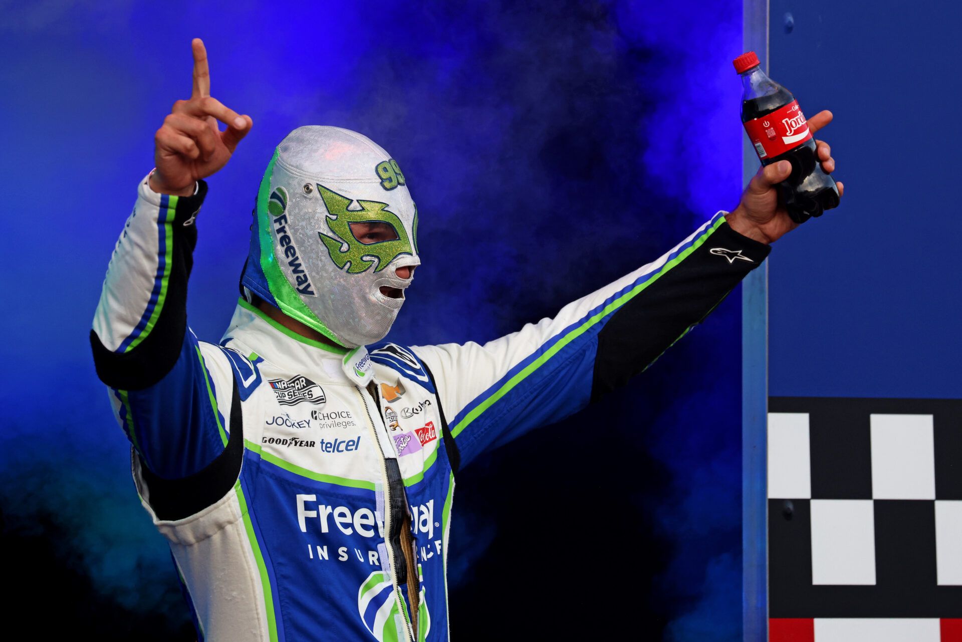 NASCAR Cup Series driver Daniel Suarez (99) is introduced before the NASCAR All-Star Open at North Wilkesboro Speedway.