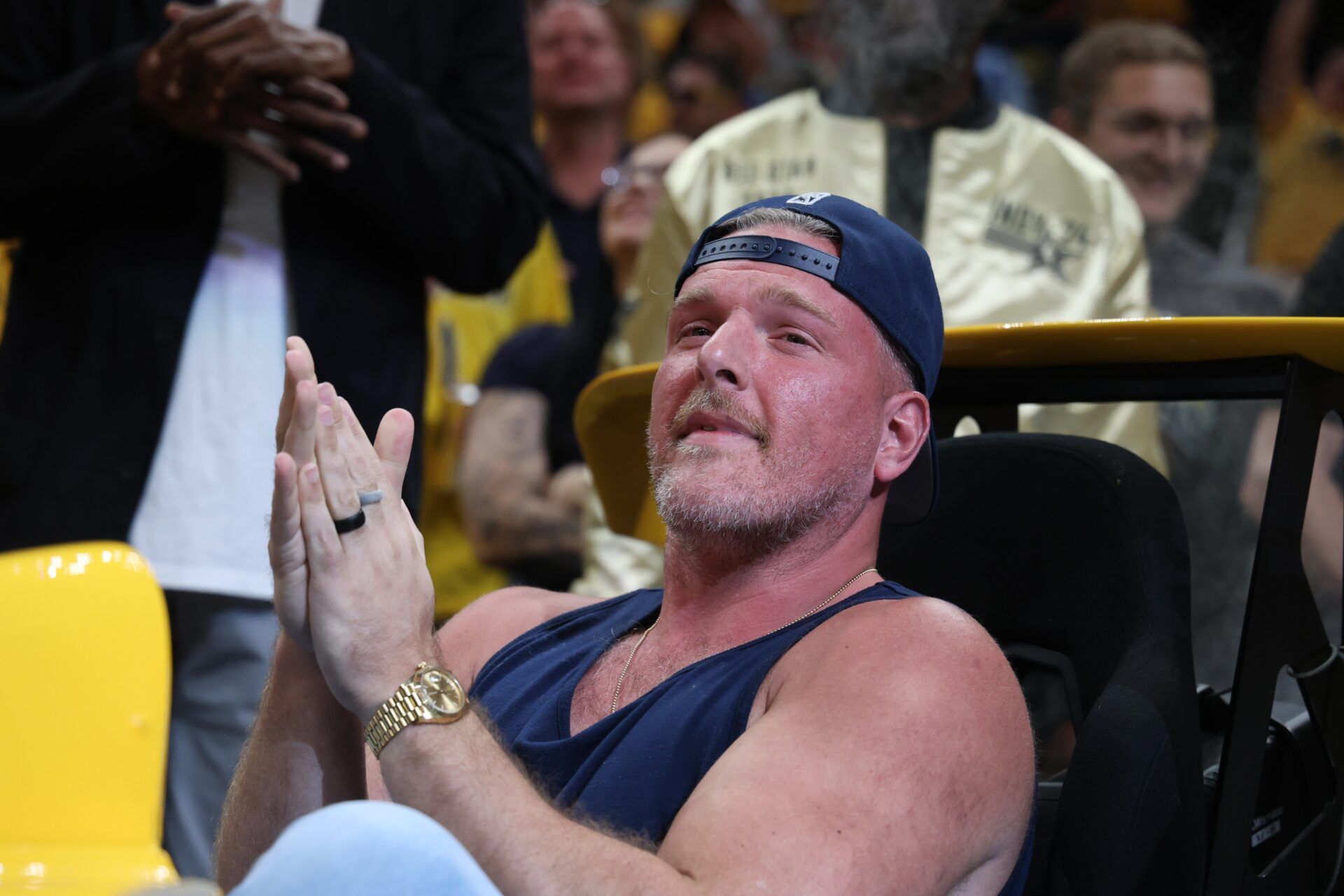 ESPN sports analyst Pat McAfee reacts during the third quarter of game three of the eastern conference finals between the Boston Celtics and the Indiana Pacers in the 2024 NBA playoffs at Gainbridge Fieldhouse.