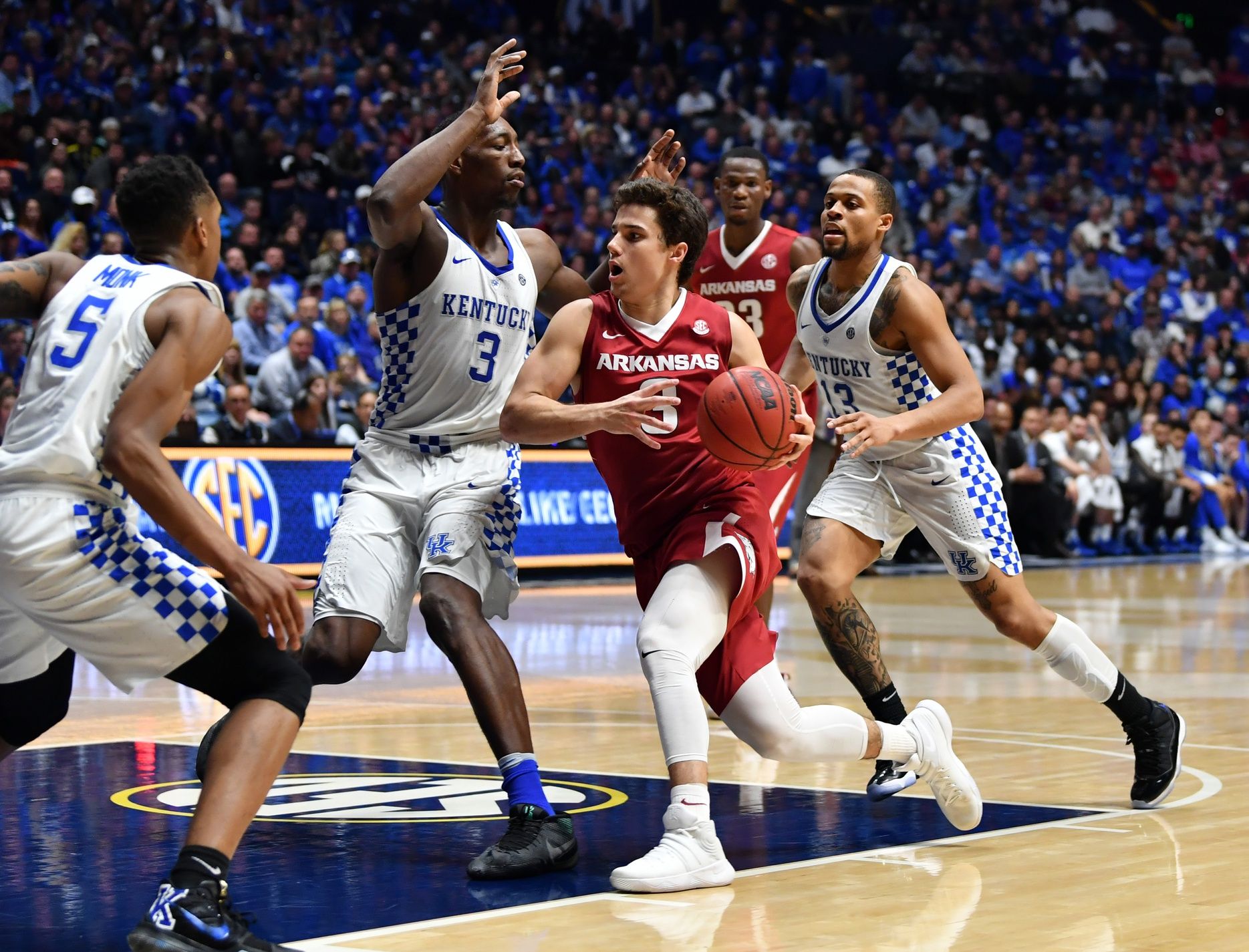 Arkansas Razorbacks guard Dusty Hannahs (3) drives to the basket during the second half against the Kentucky Wildcats during the SEC Conference Tournament at Bridgestone Arena. Kentucky won 82-65.