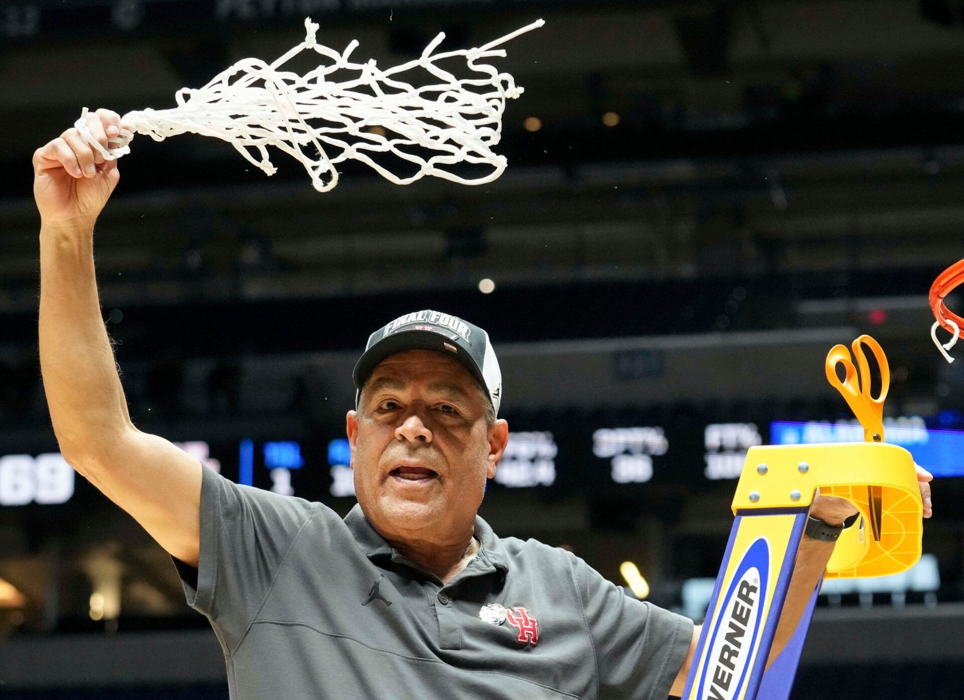 Houston Cougars head coach Kelvin Sampson celebrates after his team defeats the Tennessee Volunteers in a game Sunday, March 30, 2025, during the Elite Eight round of the NCAA March Madness tournament at Lucas Oil Stadium in Indianapolis. Houston defeated Tennessee 69-50.