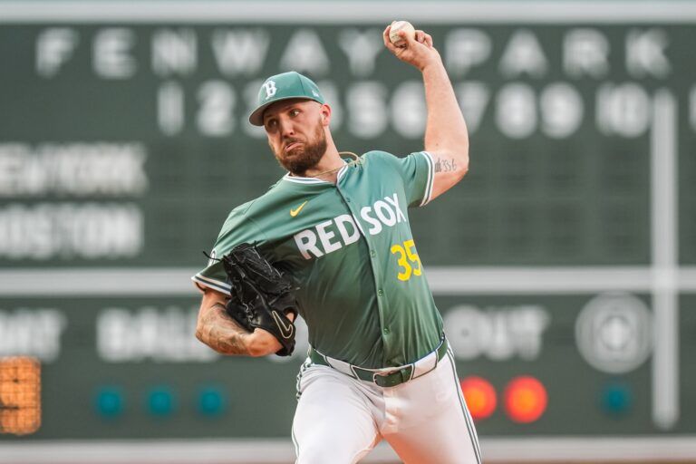 Boston Red Sox pitcher Garrett Crochet (35) throws a pitch against the New York Yankees in the first inning at Fenway Park.