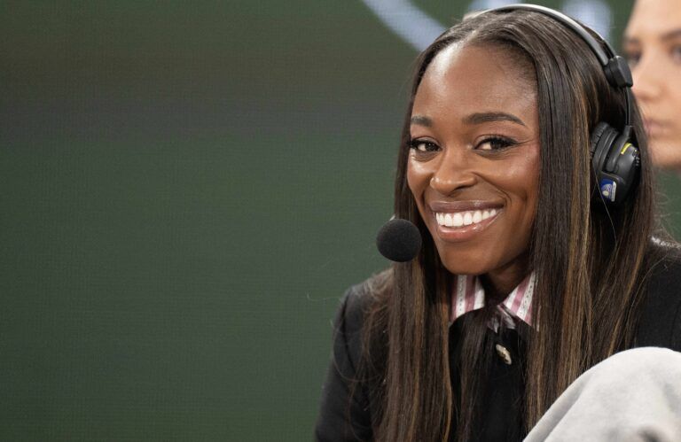 Sloane Stephens of the United States commentating for TNT during the Madison Keys of the United States and Coco Gauff of the United States match on day 11 at Roland Garros Stadium.