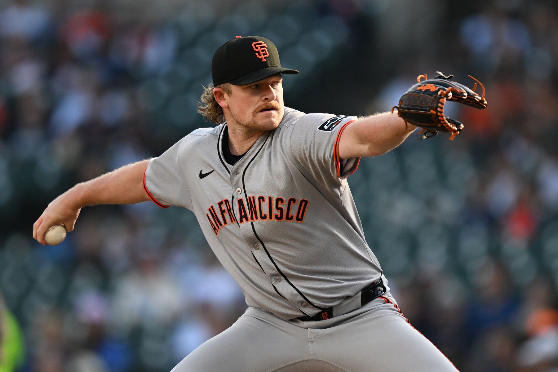 San Francisco Giants starting pitcher Logan Webb (62) throws a pitch against the Detroit Tigers in the first inning at Comerica Park.