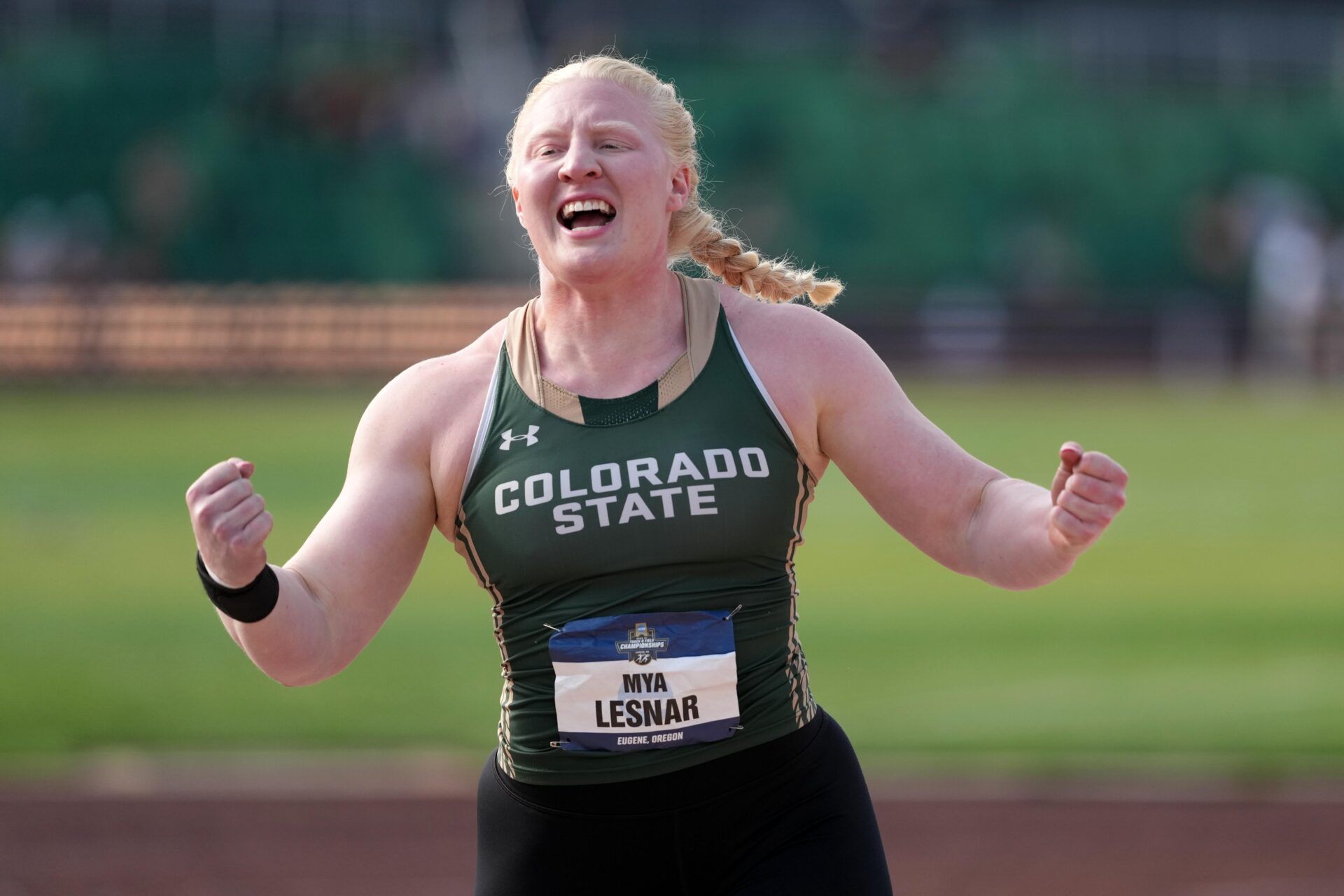 Mya Lesnar of Colorado State celebrates after winning the women's shot put at 62-4 1/2 (19.01m) during the NCAA Track and Field Championships at Hayward Field.