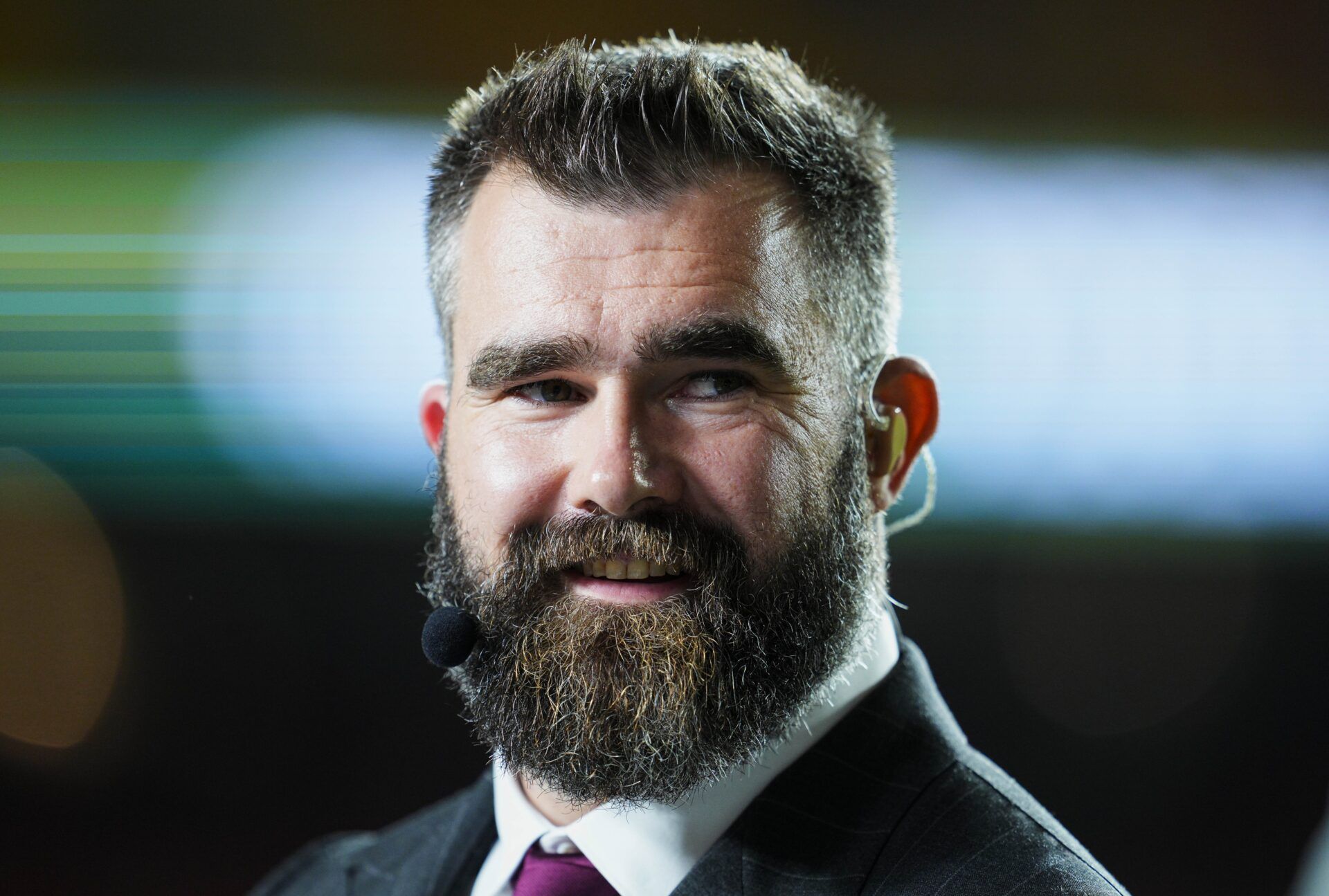 Broadcaster Jason Kelce prior to a game between the Tampa Bay Buccaneers and the Kansas City Chiefs at GEHA Field at Arrowhead Stadium.