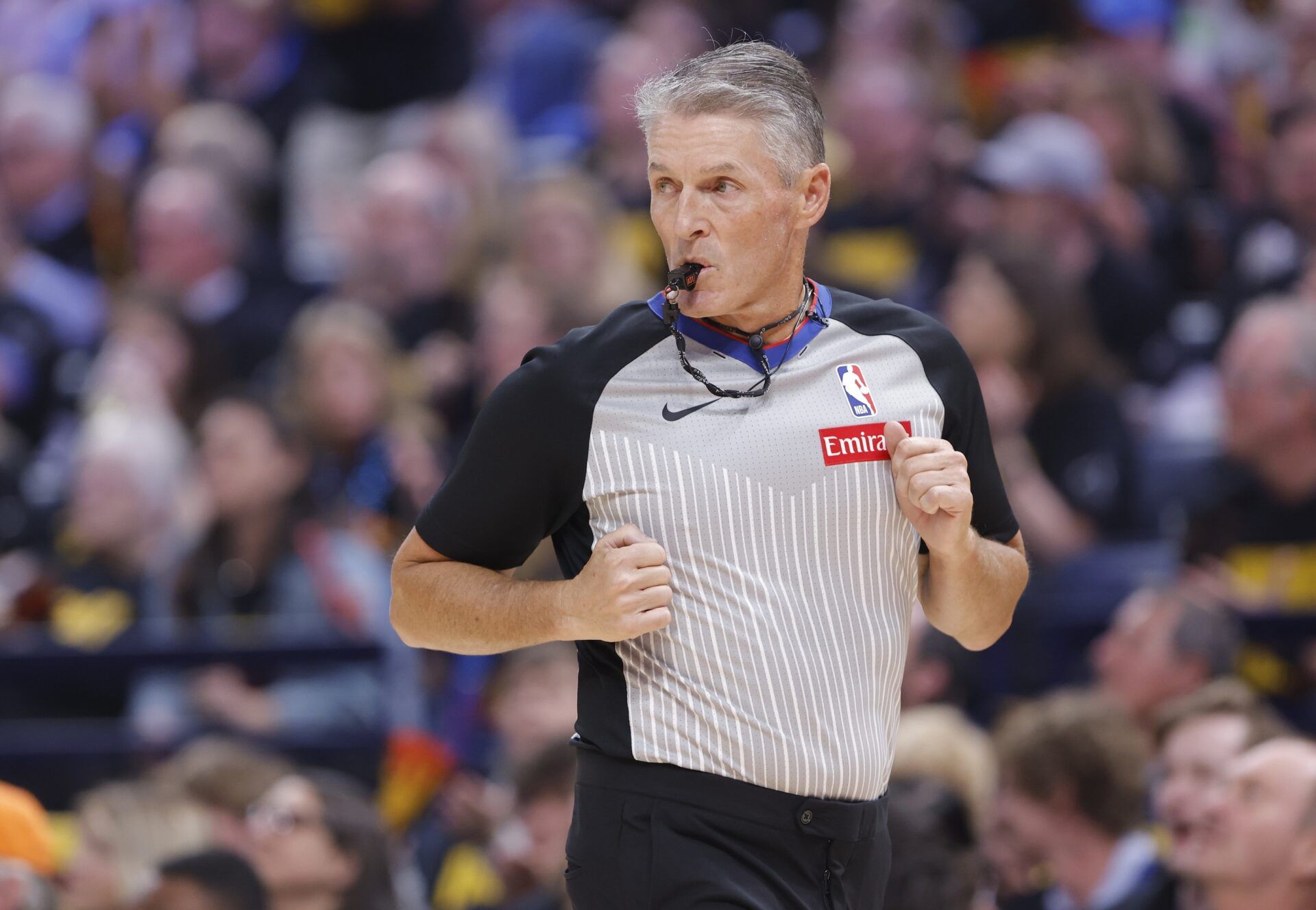 Official official Scott Foster runs down the court during the first quarter of game two of the second round for the 2025 NBA Playoffs between the Denver Nuggets and Oklahoma City Thunder at Paycom Center.
