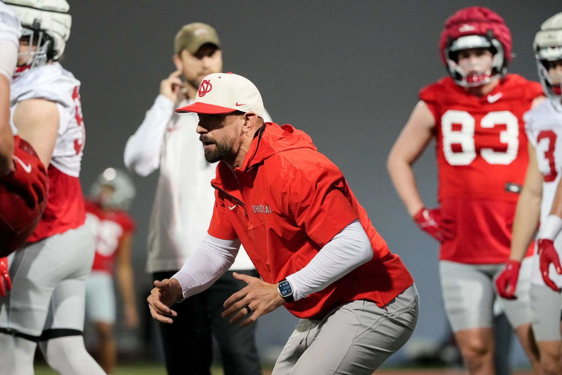 Ohio State Buckeyes linebackers coach James Laurinaitis talks to players during spring football practice at the Woody Hayes Athletic Center in Columbus on March 19, 2025.