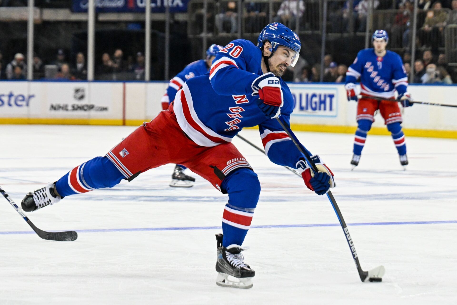 New York Rangers left wing Chris Kreider (20) attempts a shot against the Tampa Bay Lightning during the second period at Madison Square Garden.