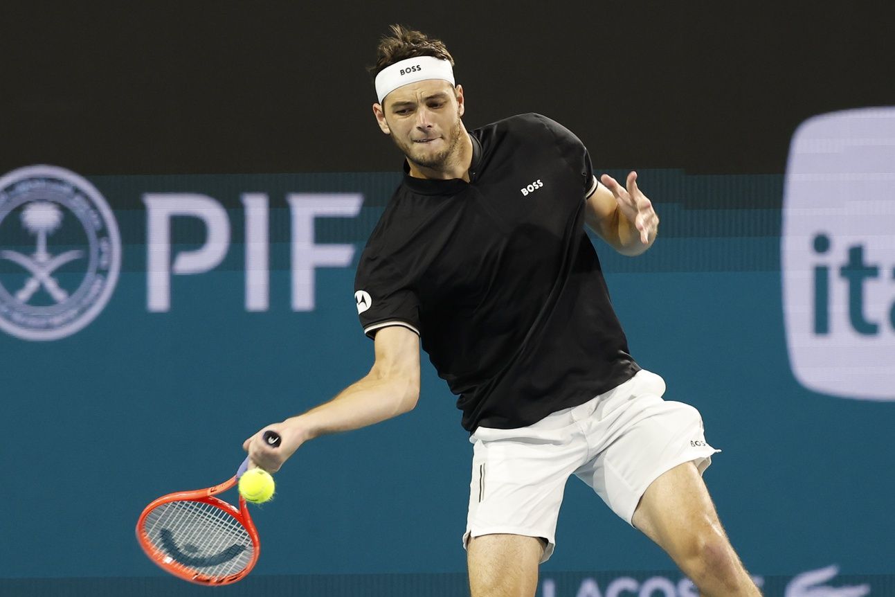 Taylor Fritz (USA) hits a forehand against Matteo Berrettini (ITA)(not pictured) in a men's singles quarterfinal on day ten of the Miami Open at Hard Rock Stadium.
