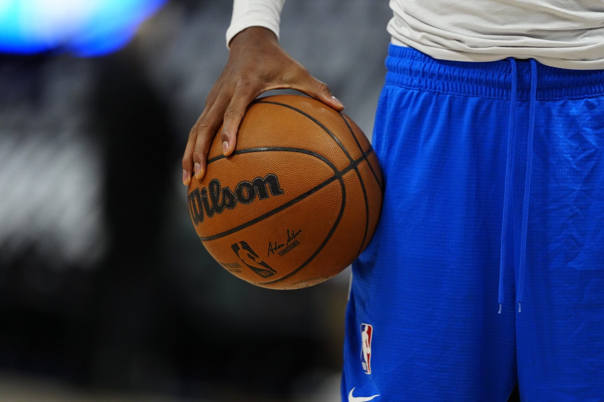 Oklahoma City Thunder guard Shai Gilgeous-Alexander (2) grips a Wilson basketball before the game against the Denver Nuggets during game three of the second round for the 2025 NBA Playoffs at Ball Arena.