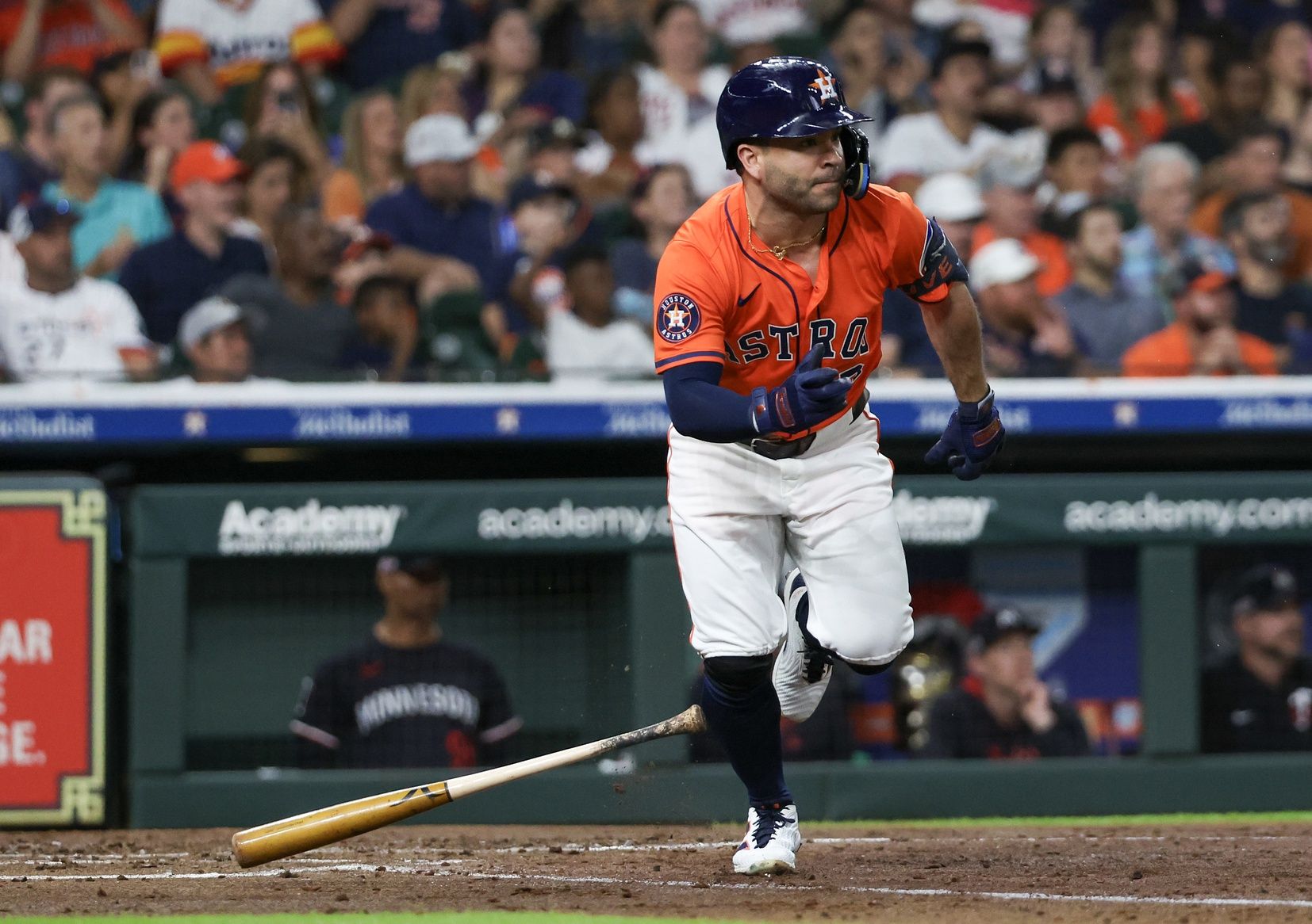 Houston Astros designated Jose Altuve (27) hits a two run RBI double against the eMinnesota Twins  in the second inning at Daikin Park.