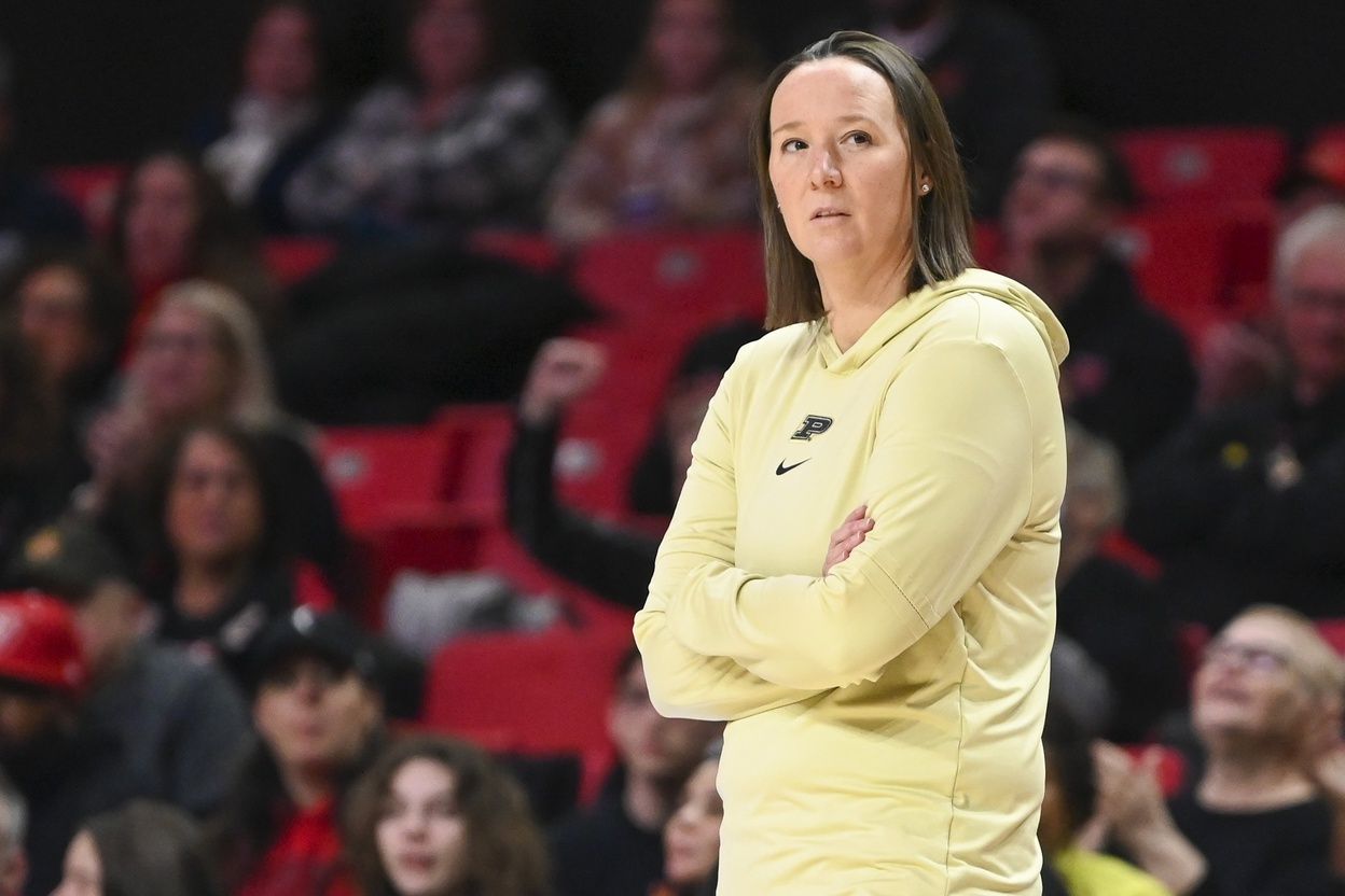 Purdue Boilermakers head coach Katie Gearlds looks onto the court during the first half against the Maryland Terrapins at Xfinity Center.