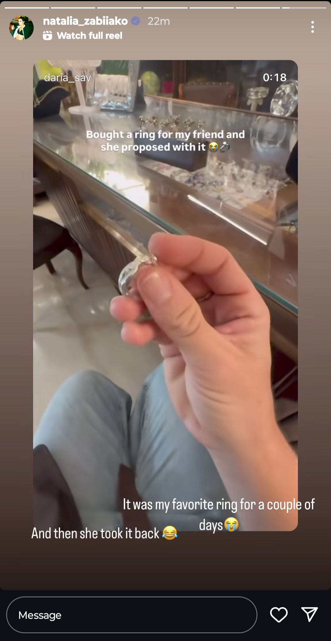 Screengrab of Daria Kasatkina’s fiancée Natalia Zabiiako' Instagram stories (@natalia_zabiiako)