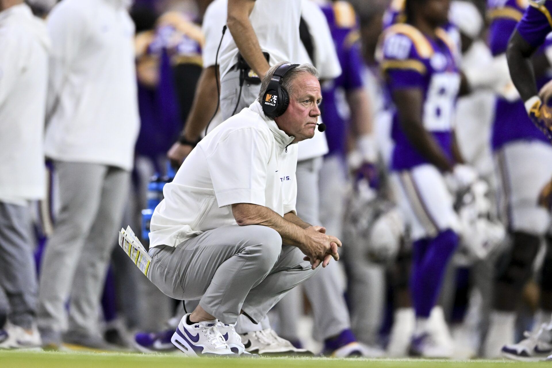LSU Tigers head coach Brian Kelly looks on during the second half against the Baylor Bears at NRG Stadium. The Tigers defeat the Bears 44-31.